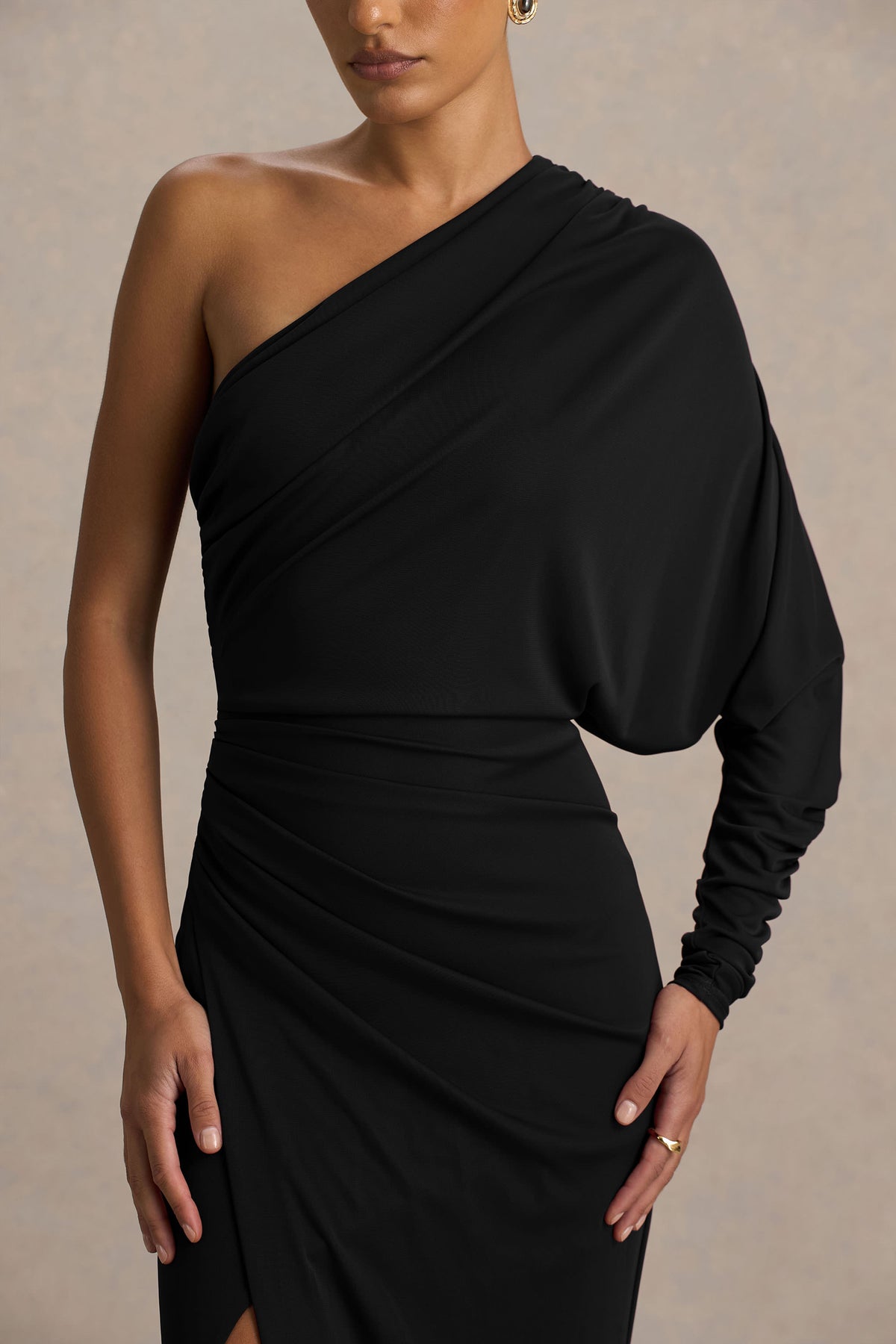 Lola | Black Asymmetric-Neck Maxi Dress with Ruched Detailing and Front High-Split - UK 16 Black Lola | Black Asymmetric-Neck Maxi Dress with Ruched Detailing and Front High-Split - UK 16 Black