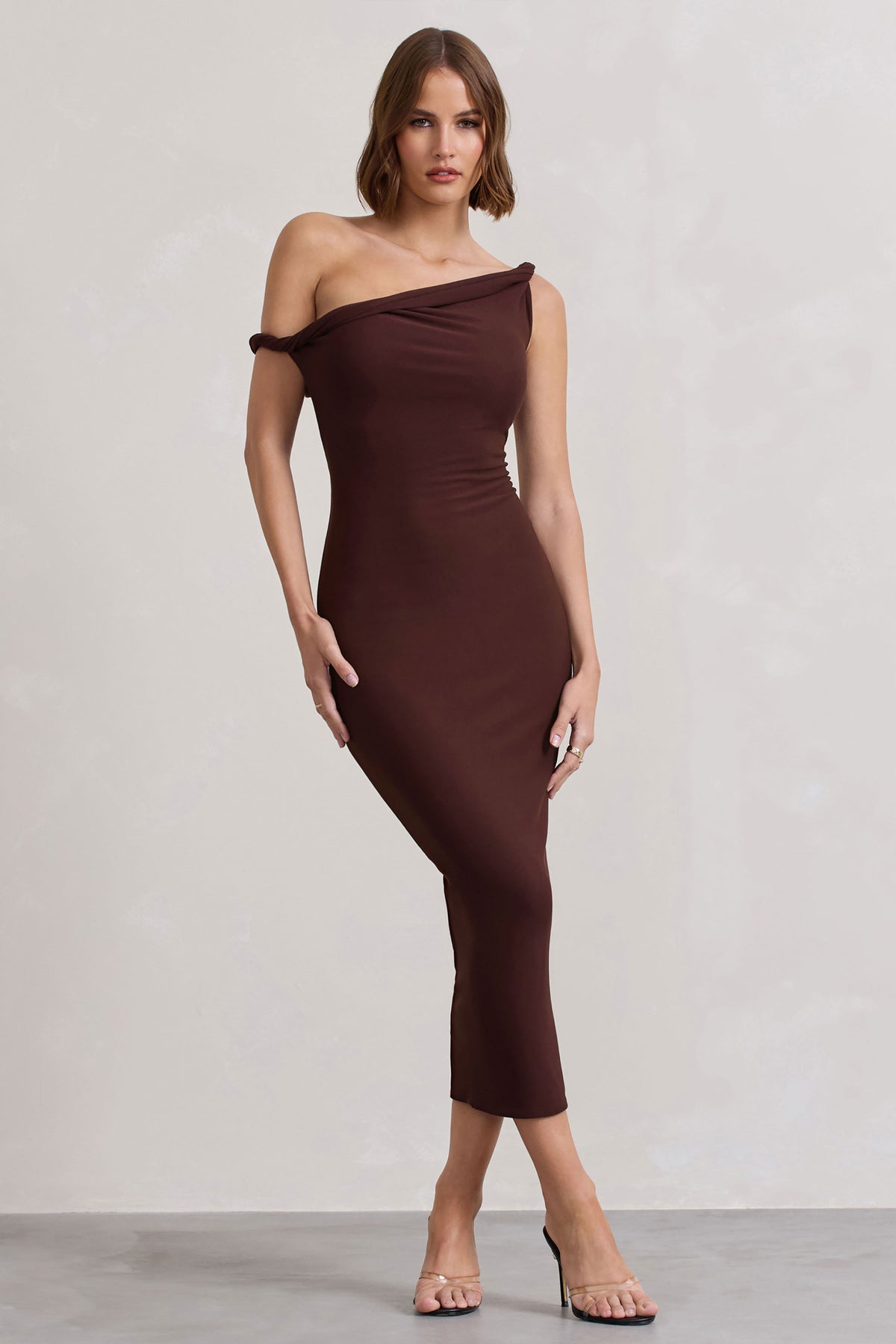 Salome | Chocolate Brown Twisted Asymmetric Midi Dress - UK 12 Chocolate Drizzle Salome | Chocolate Brown Twisted Asymmetric Midi Dress - UK 12 Chocolate Drizzle
