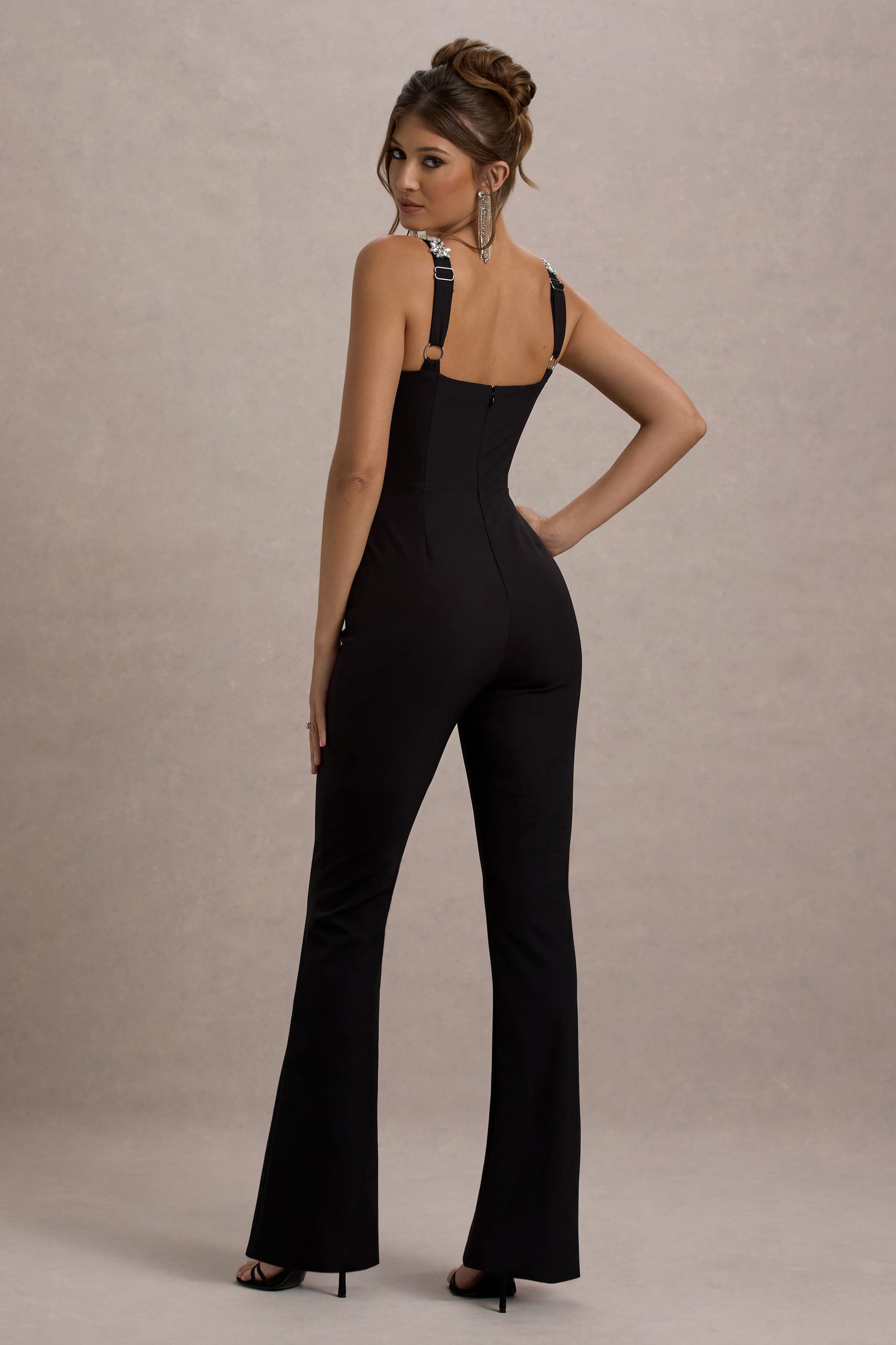 Amadi | Black Embellished Strappy Flared-Leg Jumpsuit – Club L