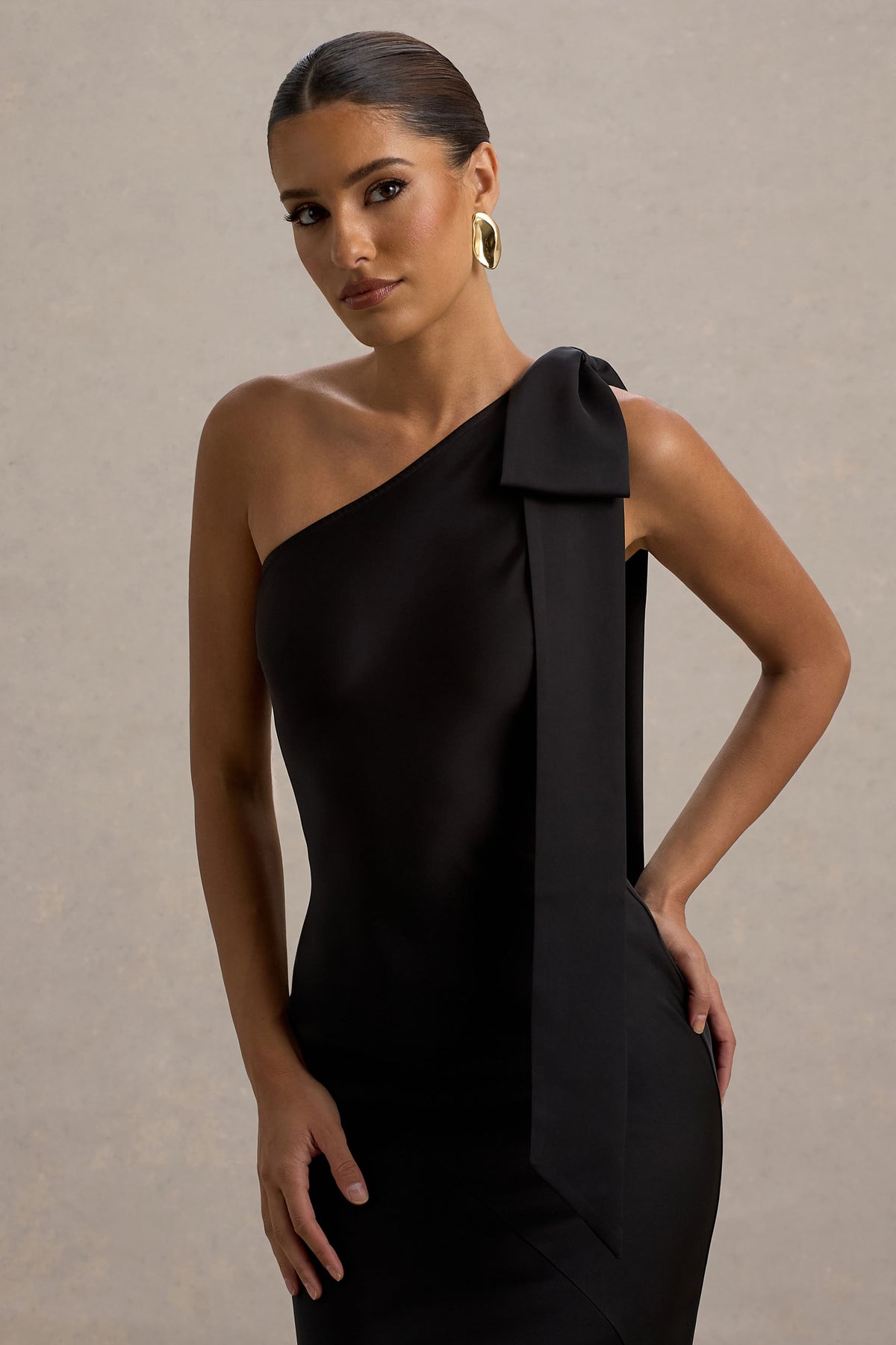 Here For Love Black Satin Asymmetric Maxi Dress With Bow Club L London - USA Here For Love Black Satin Asymmetric Maxi Dress With Bow Club L London - USA