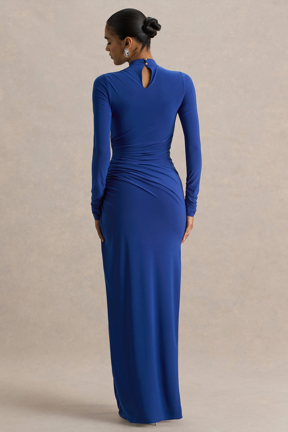 long blue maxi dress Alluring Blue High Neck Maxi Dress With Ruched Detailing – Club L London