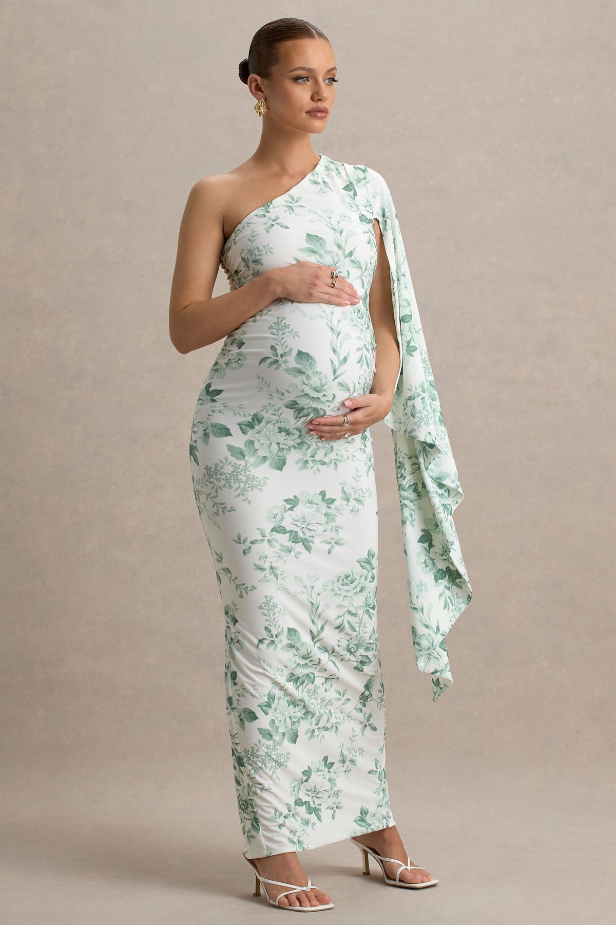 Aliana | Green Porcelain Print Asymmetric Maternity Maxi Dress With Ruched Detailing - UK 8 Green Porcelain Print Aliana | Green Porcelain Print Asymmetric Maternity Maxi Dress With Ruched Detailing - UK 8 Green Porcelain Print