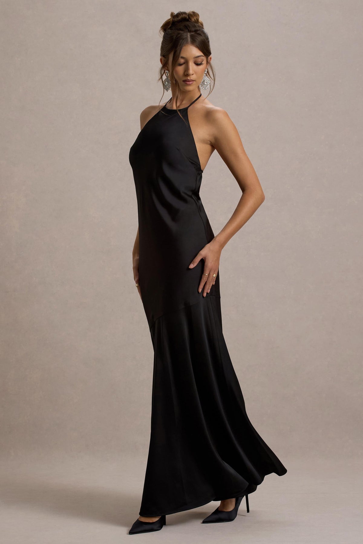 Frida Black Satin Halter-Neck Backless Maxi Dress Club L London - USA Frida Black Satin Halter-Neck Backless Maxi Dress Club L London - USA