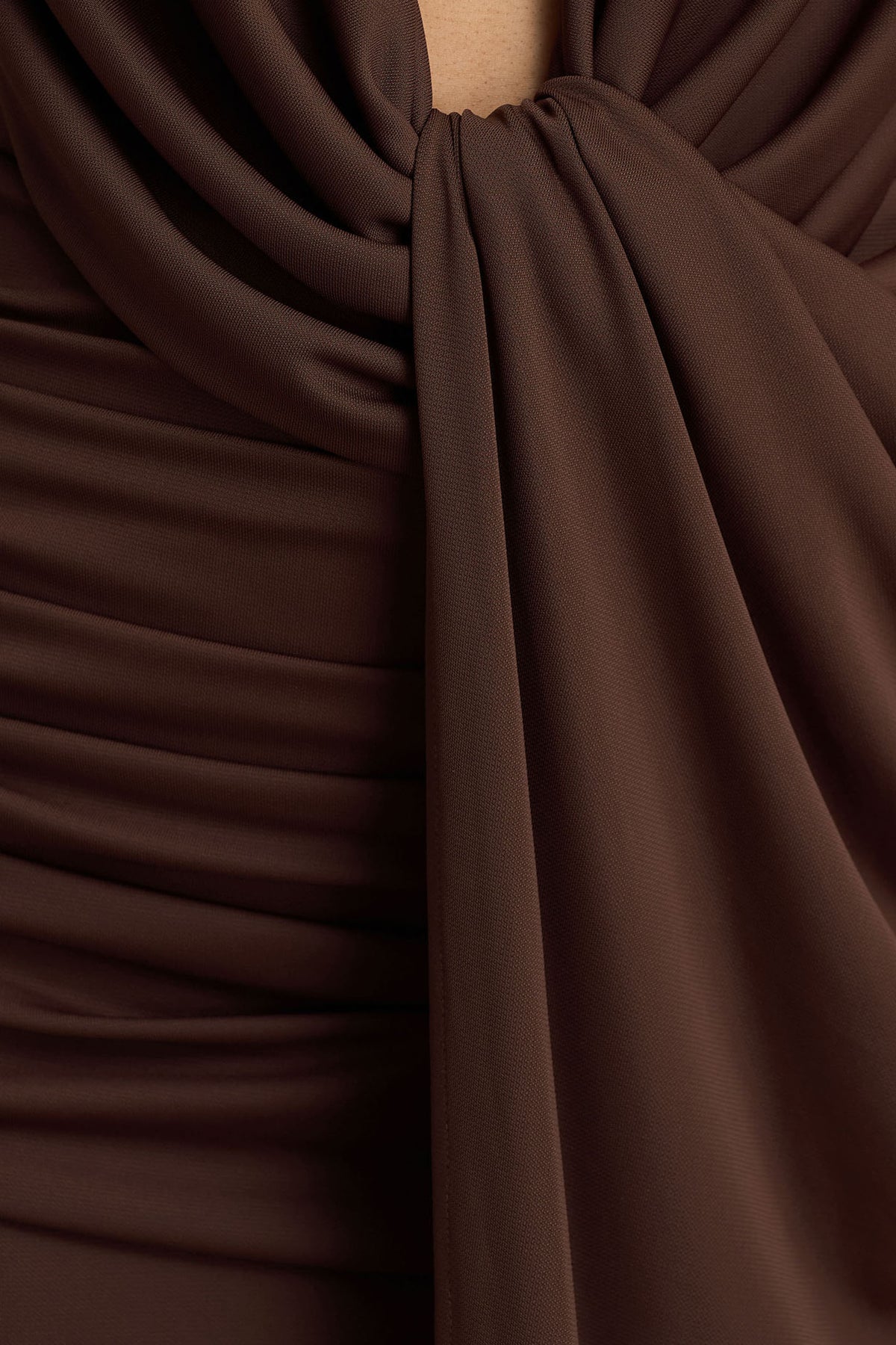 Serafina Chocolate Extreme-Plunge Neck Maxi Dress With Wrap And Ruch Club L London - USA Serafina Chocolate Extreme-Plunge Neck Maxi Dress With Wrap And Ruch Club L London - USA