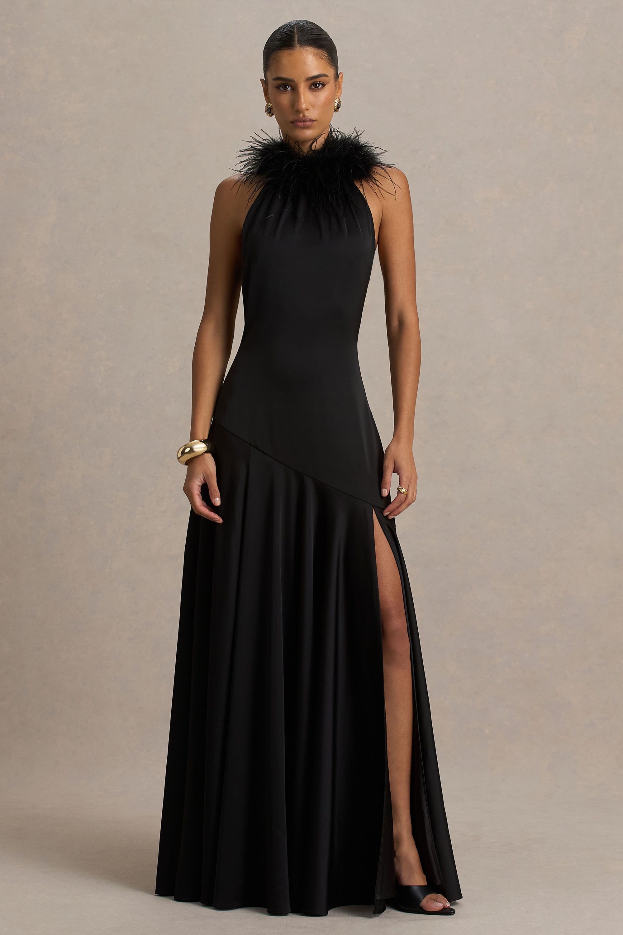 Jemima | Black Satin Halter-Neck Maxi Dress With Feather Trim – Club L London