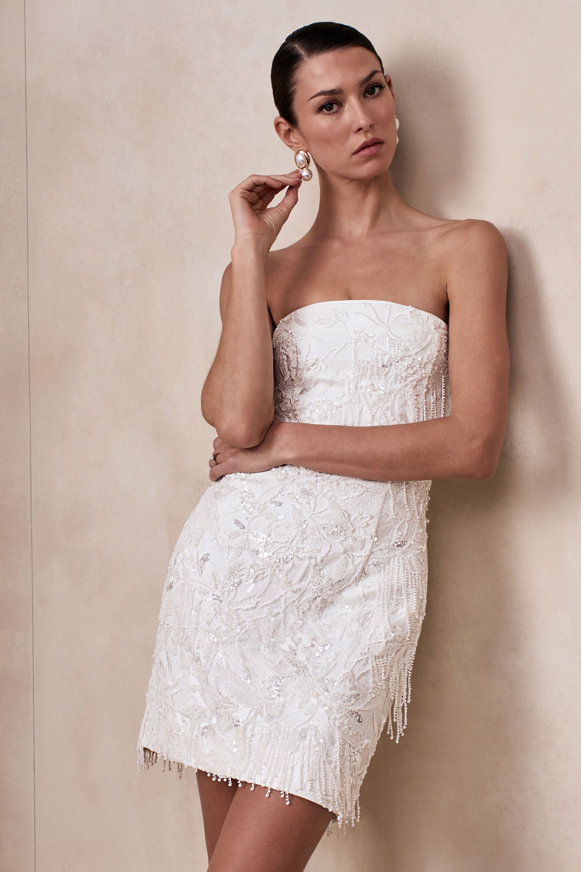 embellished bandeau mini dress in almond Oh Polly Aurora embellished bandeau mini dress in almond