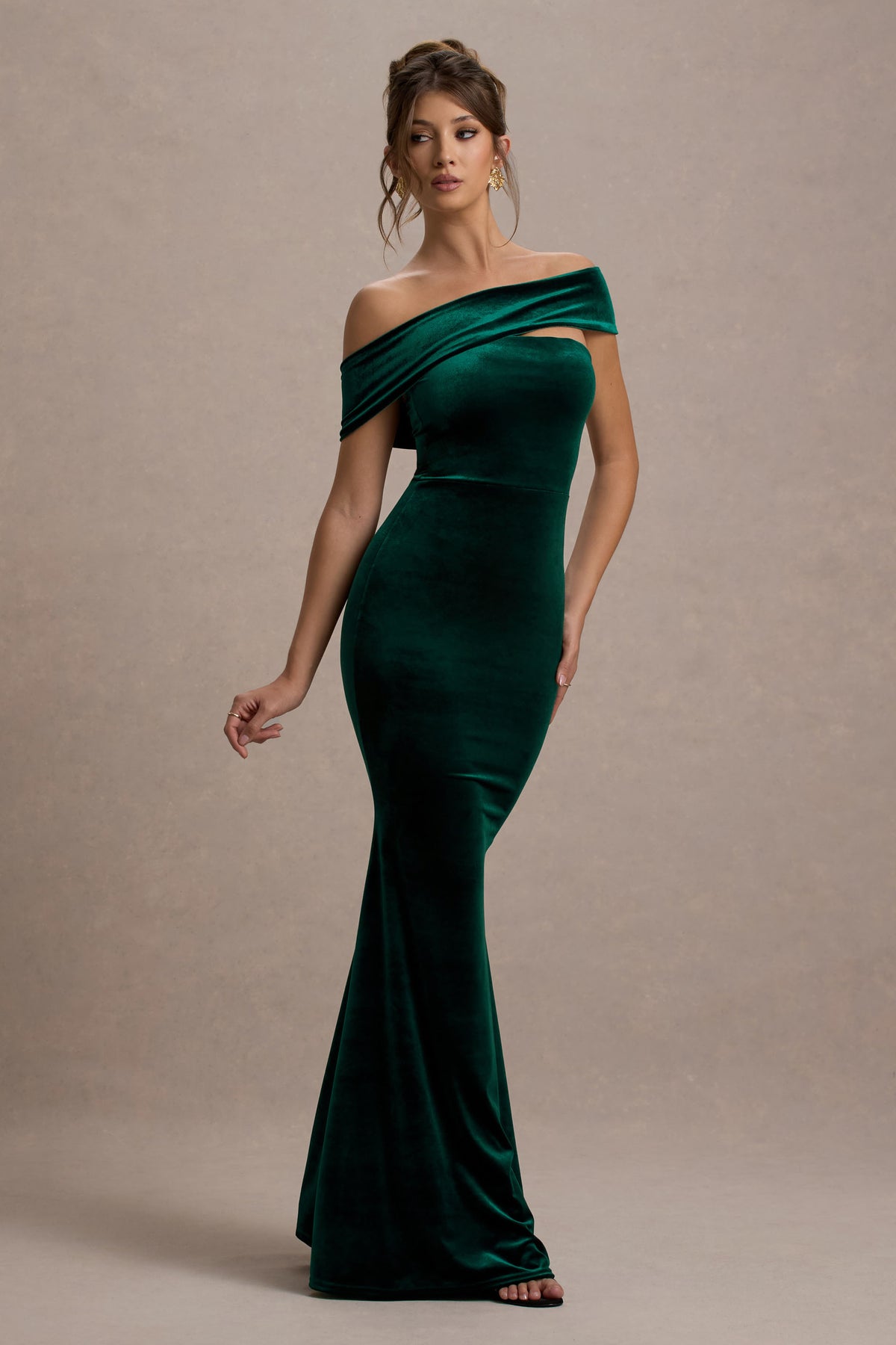 Candela | Bottle Green Velvet Asymmetric Bardot Maxi Dress US 12 / Bottle Green Candela | Bottle Green Velvet Asymmetric Bardot Maxi Dress US 12 / Bottle Green