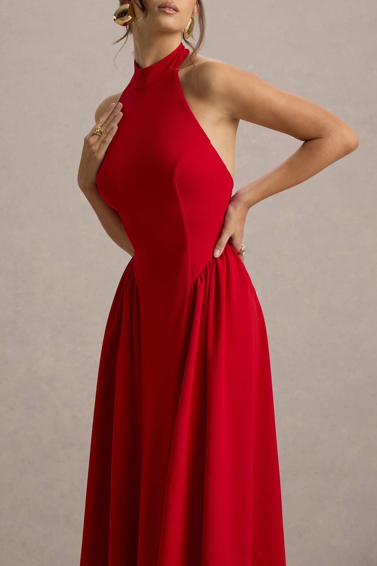 high neck red dress Cynthia | Red High-Neck Maxi Dress With Volume Skirt