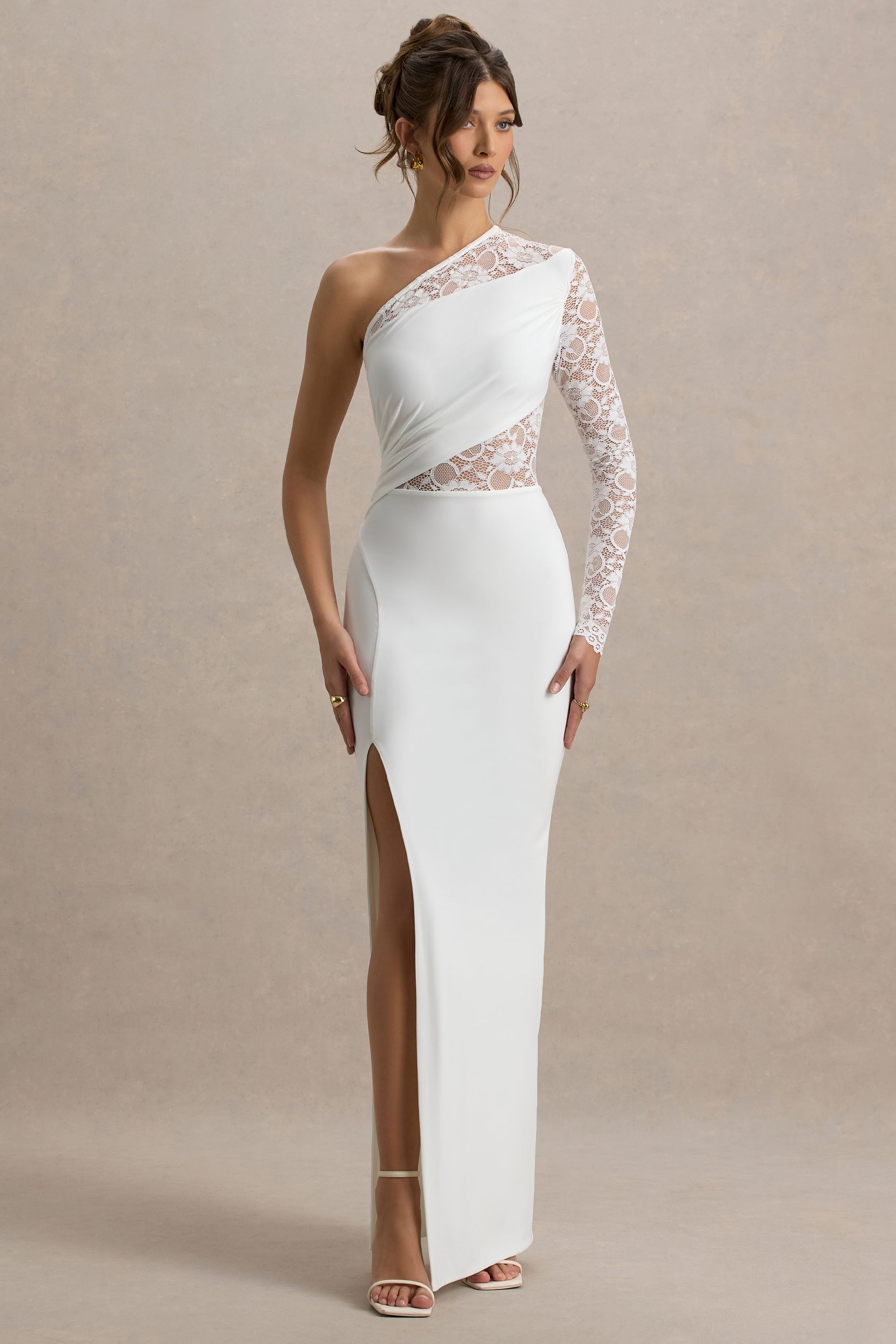 asymmetric white dress Valina | Ruched Maxi With Drape With its boned bodice US 2 / WHITE