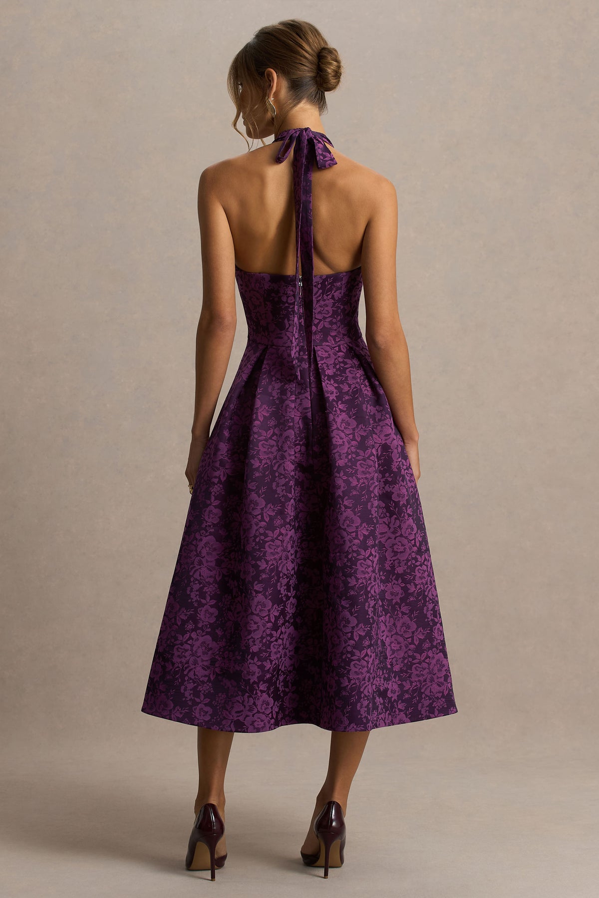 purple tea length dress Isabeau | Purple Satin Plunge-Neck Midi Dress
