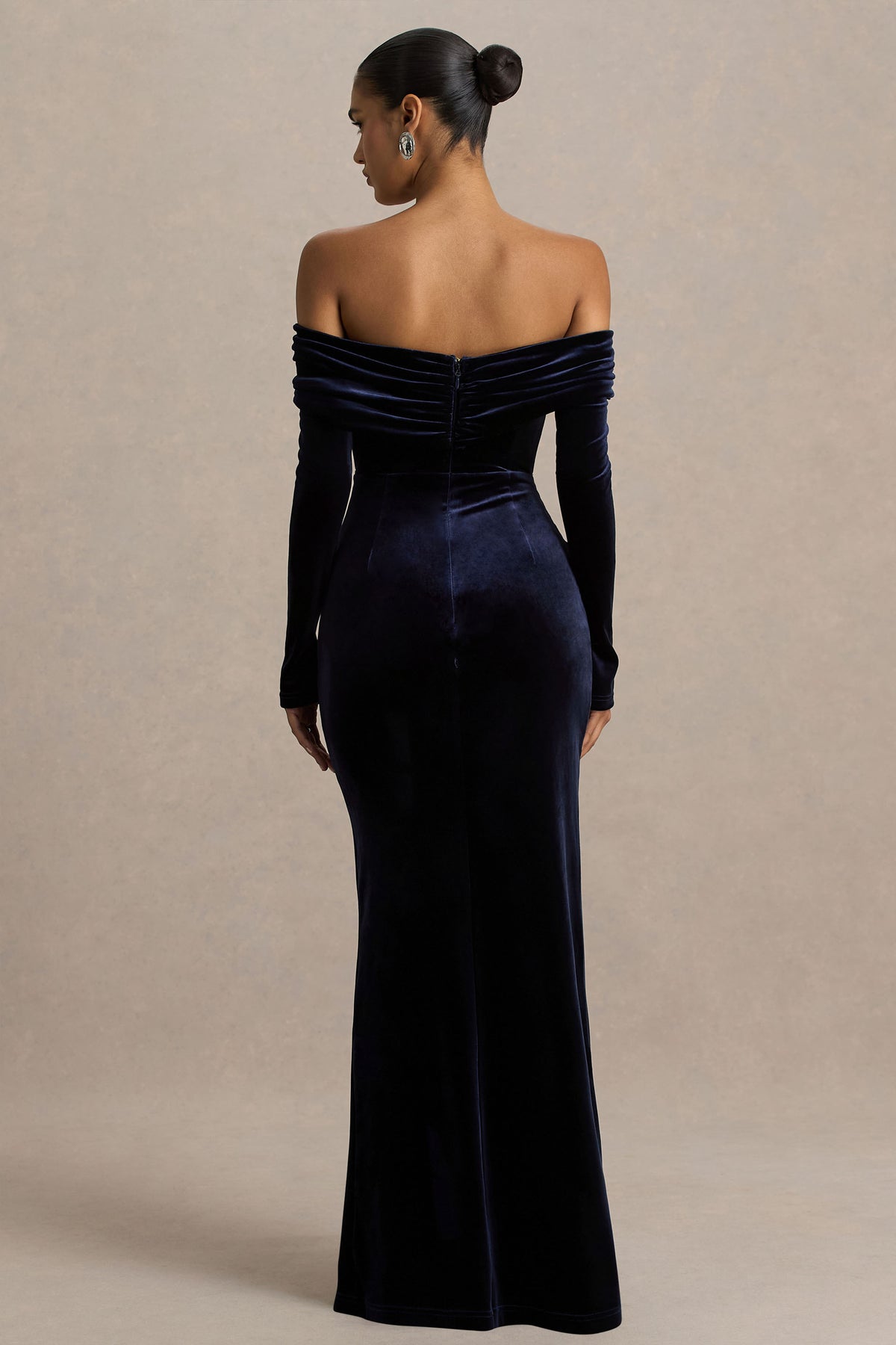 Countess | Navy Bardot-Neck Wrapped Maxi Dress With Front-High Split