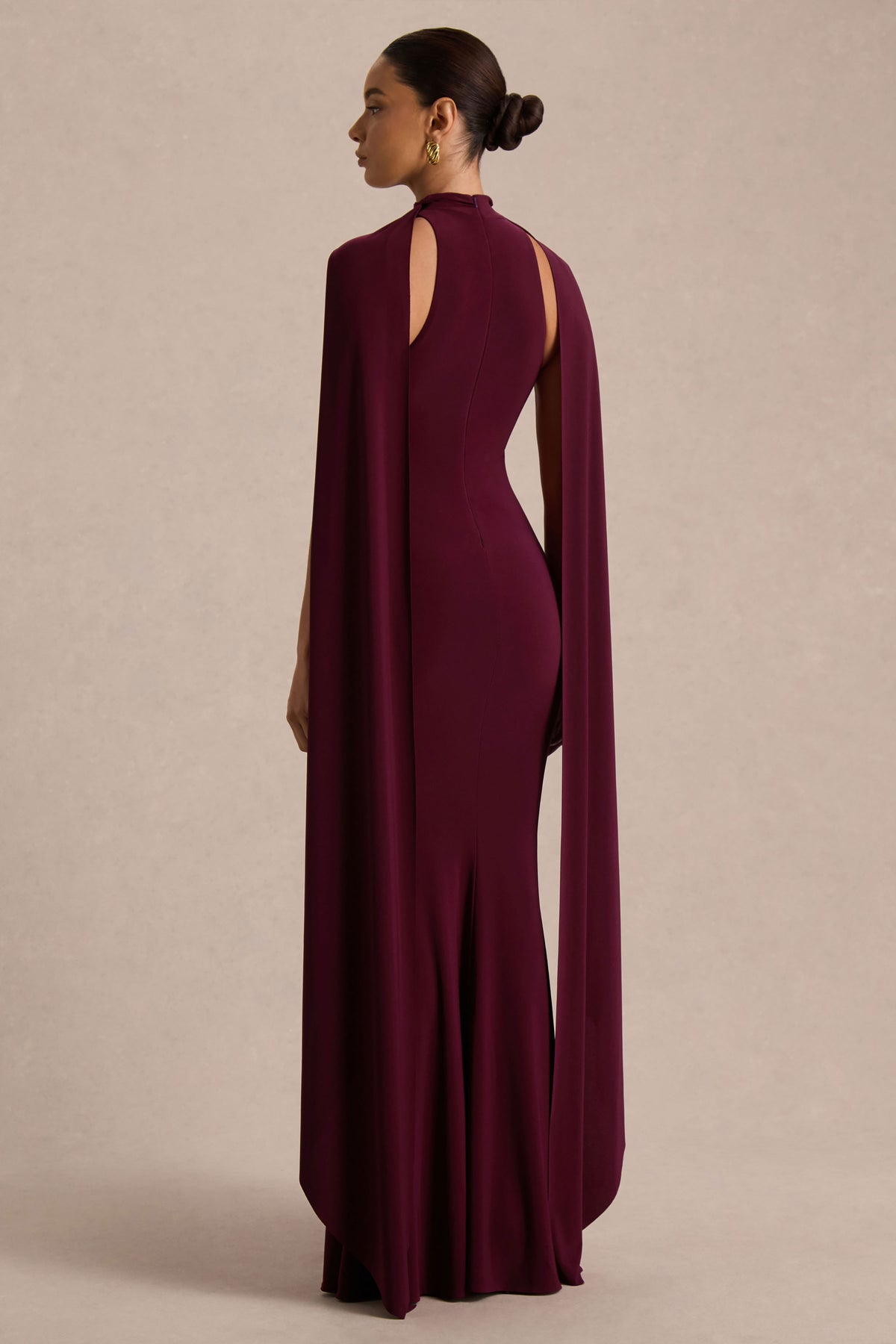 Cordy Burgundy High-Neck Maxi Dress With Scarf-Detail – Club L London