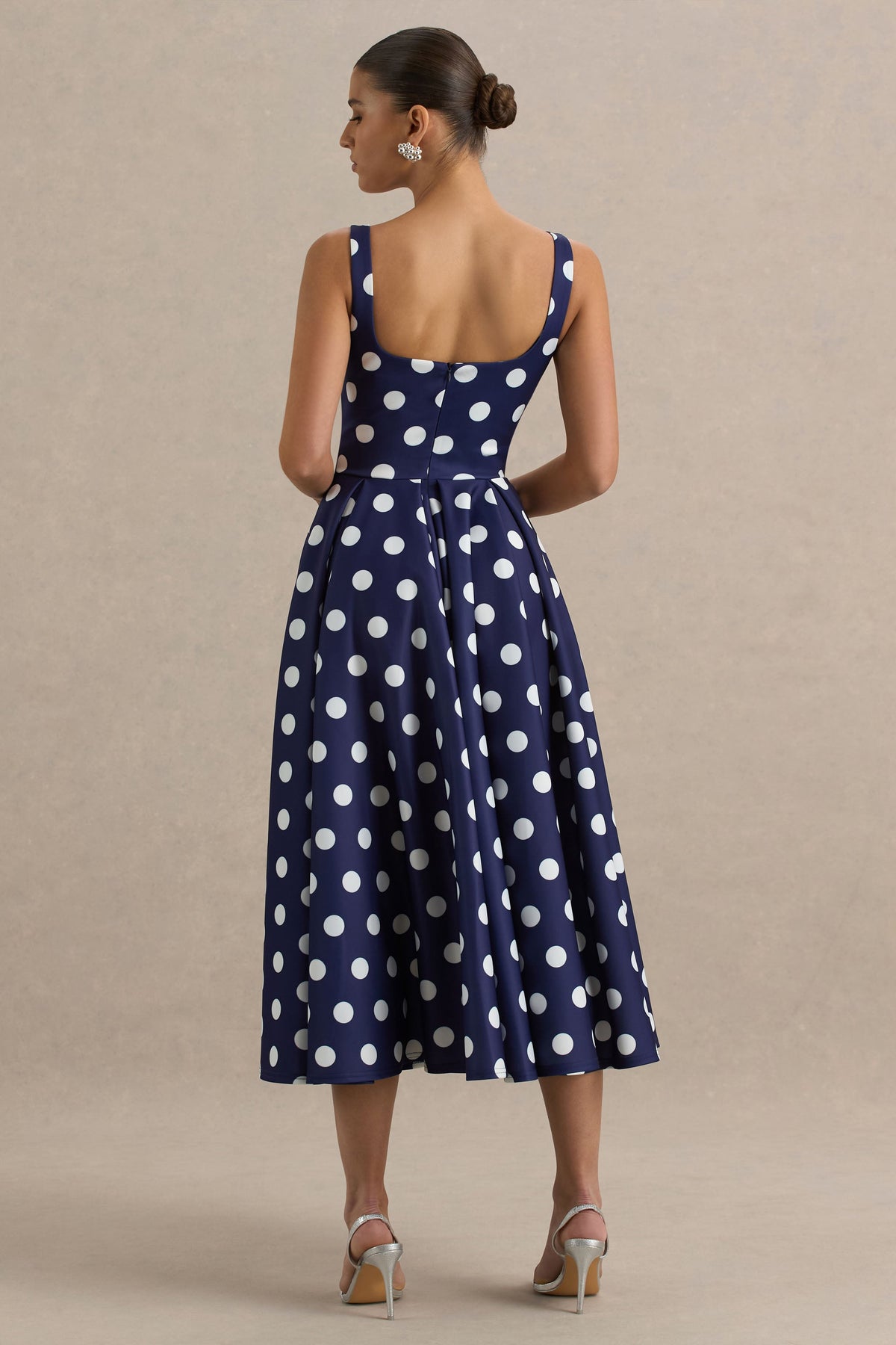 Berta | NAVY And White Polka-Dot Square-Neck Midi Dress - UK 8 NAVY BASE White POLKA DOT Berta | NAVY And White Polka-Dot Square-Neck Midi Dress - UK 8 NAVY BASE White POLKA DOT