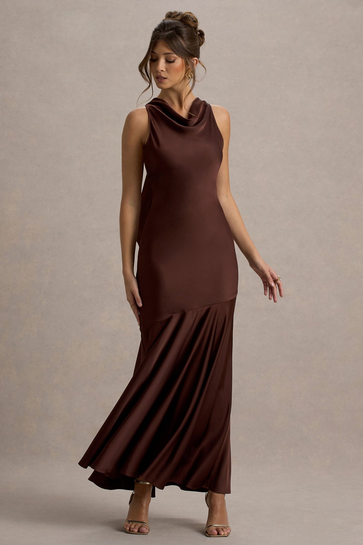 Amelita Brown Satin Cowl-Neck Maxi Dress Club L London - USA Amelita Brown Satin Cowl-Neck Maxi Dress Club L London - USA
