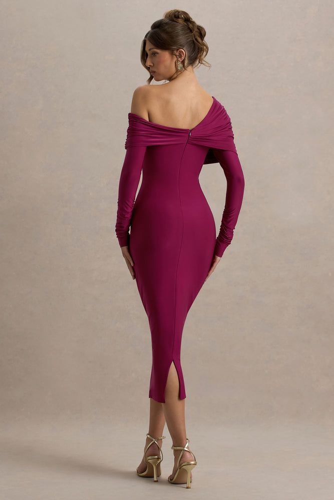Cleo Burgundy Bodycon Midi Dress With Mesh Sleeves – Club L London