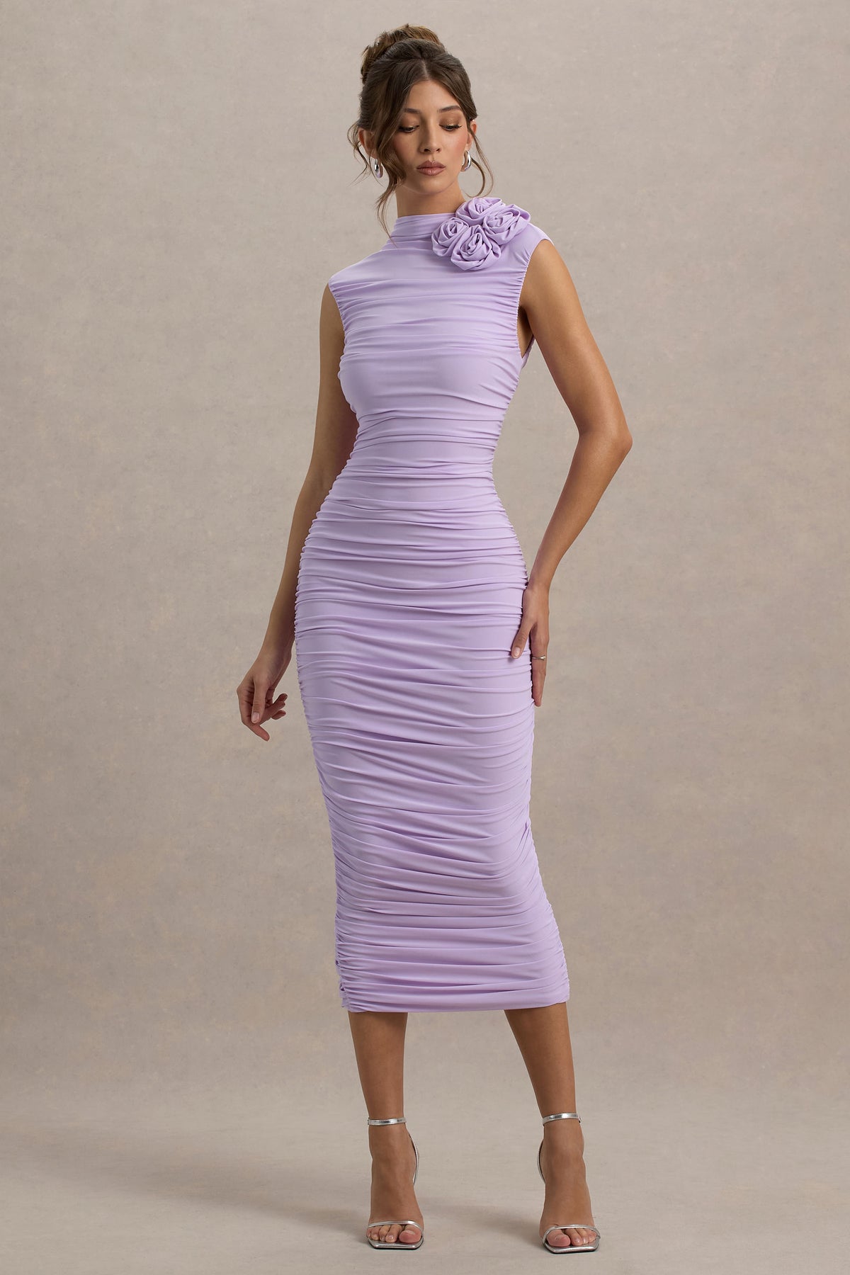 Bridget Lilac High-Neck Gathered Midi Dress With Floral Detail – Club L London Bridget Lilac High-Neck Gathered Midi Dress With Floral Detail – Club L London