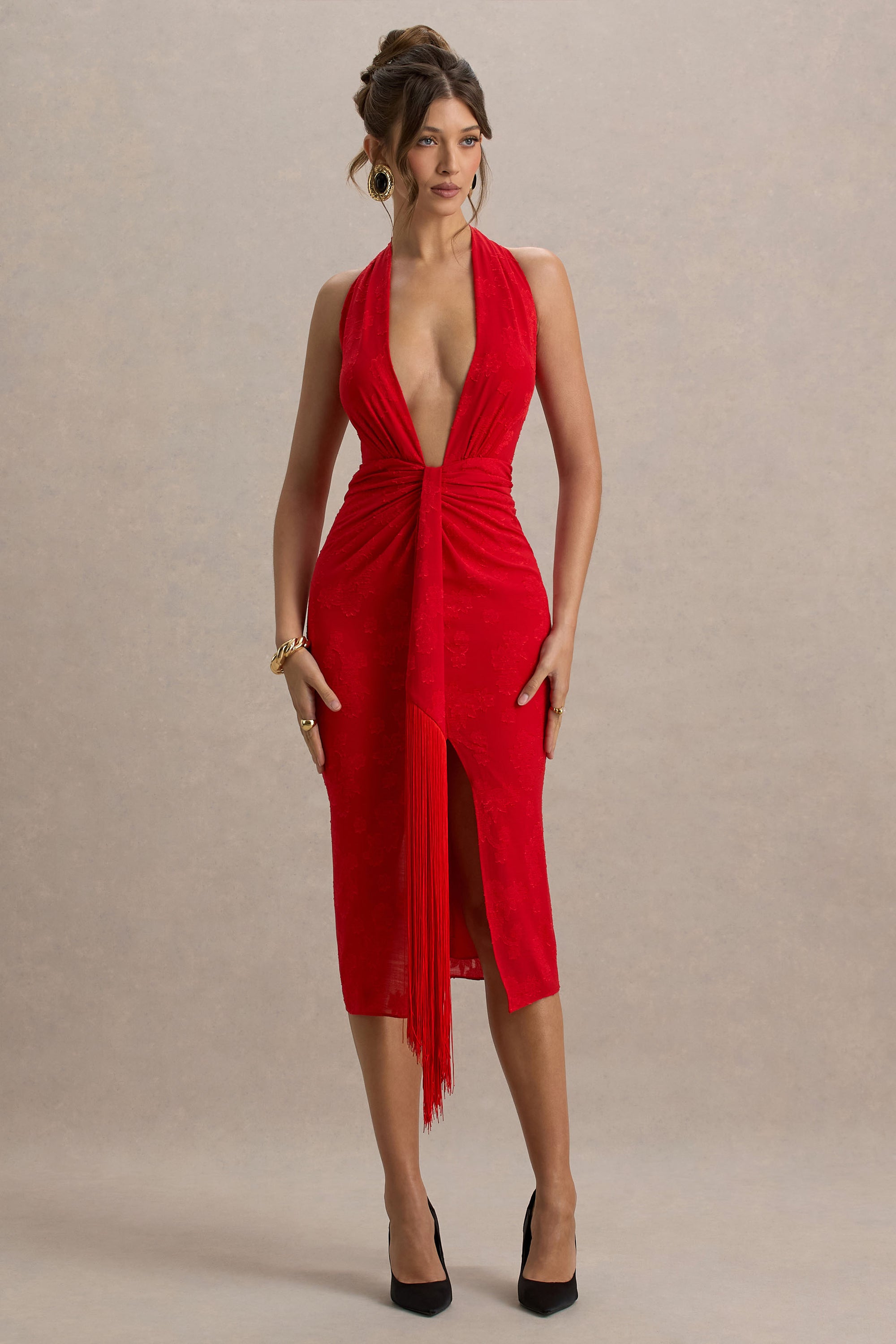 red ruffle detail plunge midi dress Luiza Midi Dress - Ruffle Hem Corset Back Dress in Red