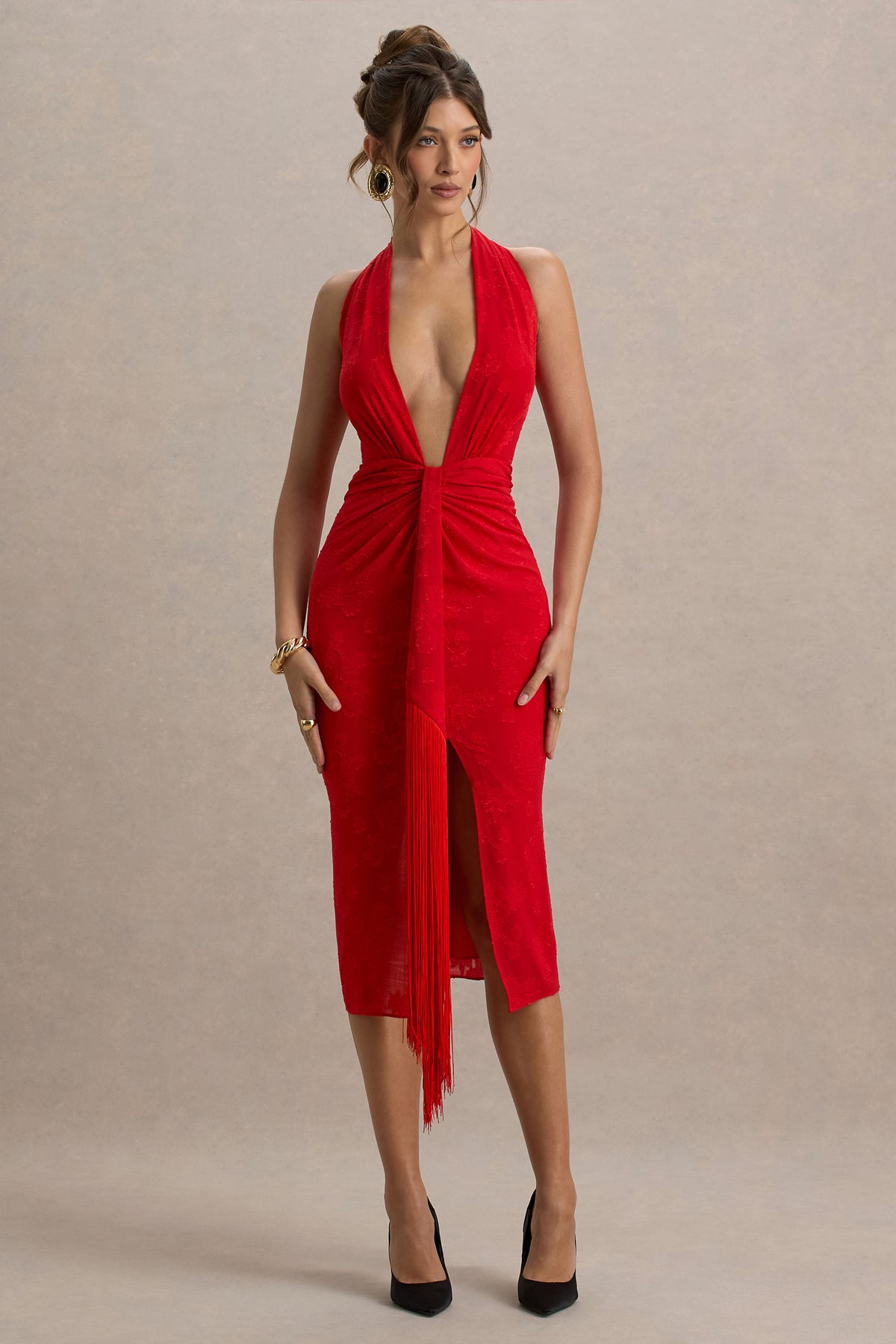 Auria Red Satin Devore Plunge-Neck Midi Dress With Fringe Details Club L London - USA Auria Red Satin Devore Plunge-Neck Midi Dress With Fringe Details Club L London - USA