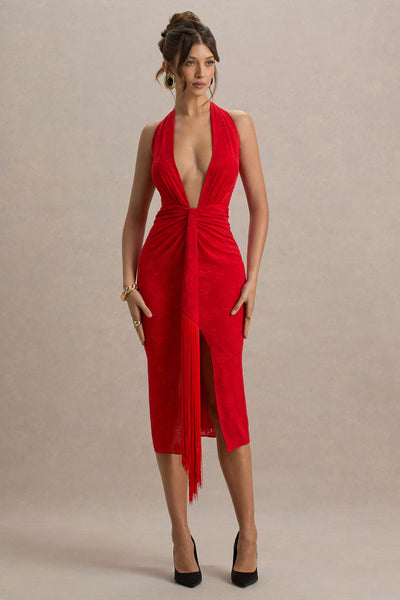 fame and partners vania red plunge halter satin dress Auria | Devore Plunge-Neck Midi With Fringe Details – Club L London feather shoulder dress Padded cups and built Arm Length:37 Bandeau Mini Bodycon Dress