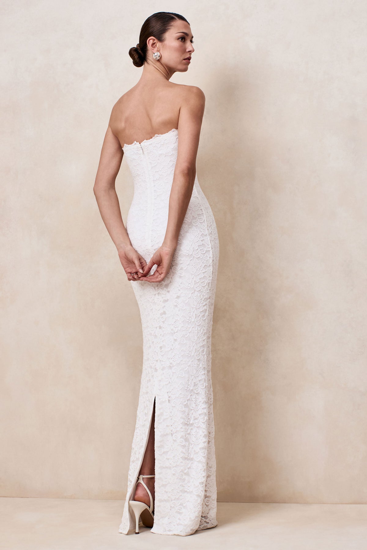 Massima White Lace Bandeau Maxi Dress With Scarf-Detail Club L London - USA Massima White Lace Bandeau Maxi Dress With Scarf-Detail Club L London - USA