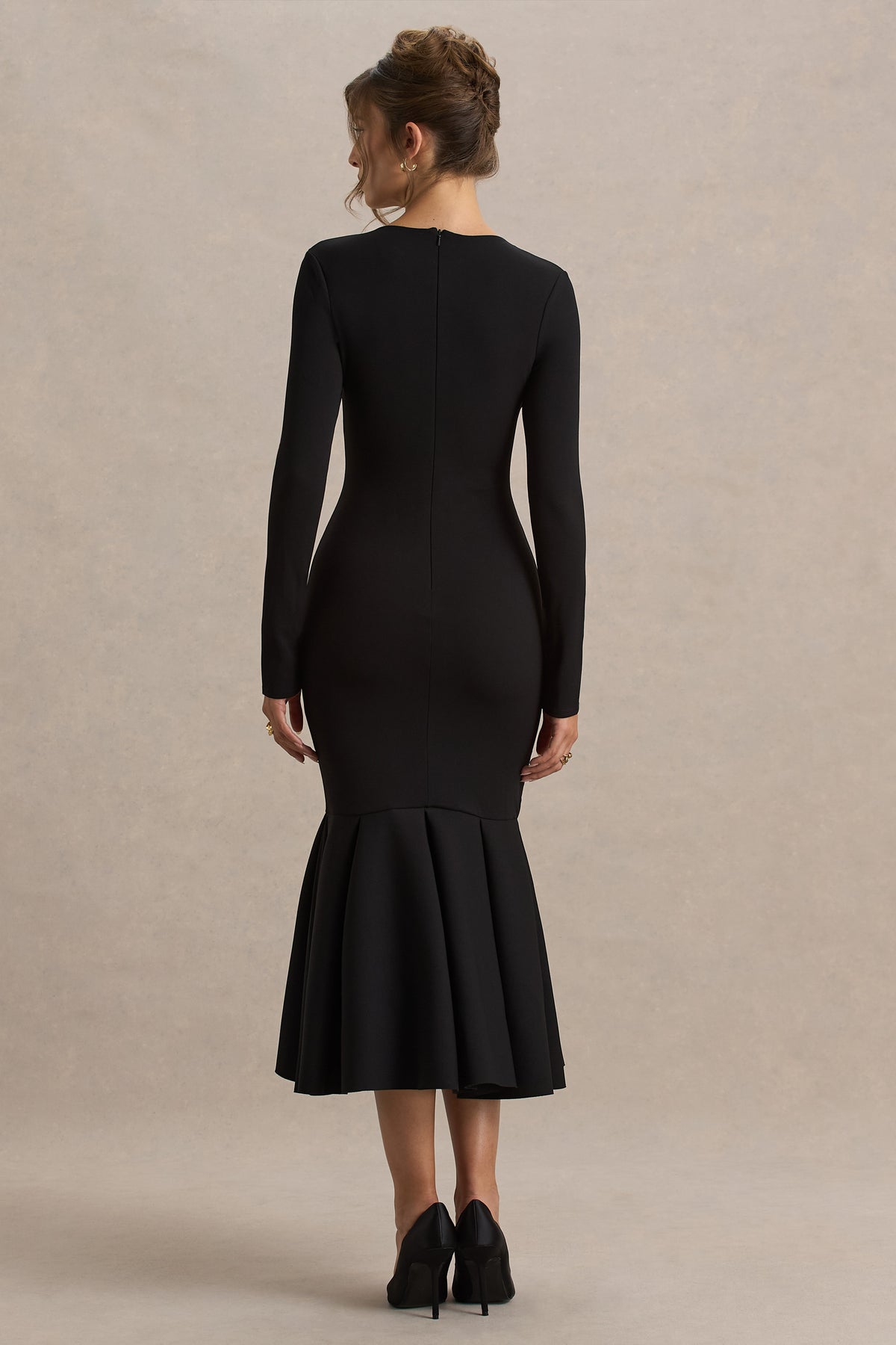 Liberty | Black High Neck Mermaid Midi Dress With Ruffling Detail - UK 14 Black Liberty | Black High Neck Mermaid Midi Dress With Ruffling Detail - UK 14 Black