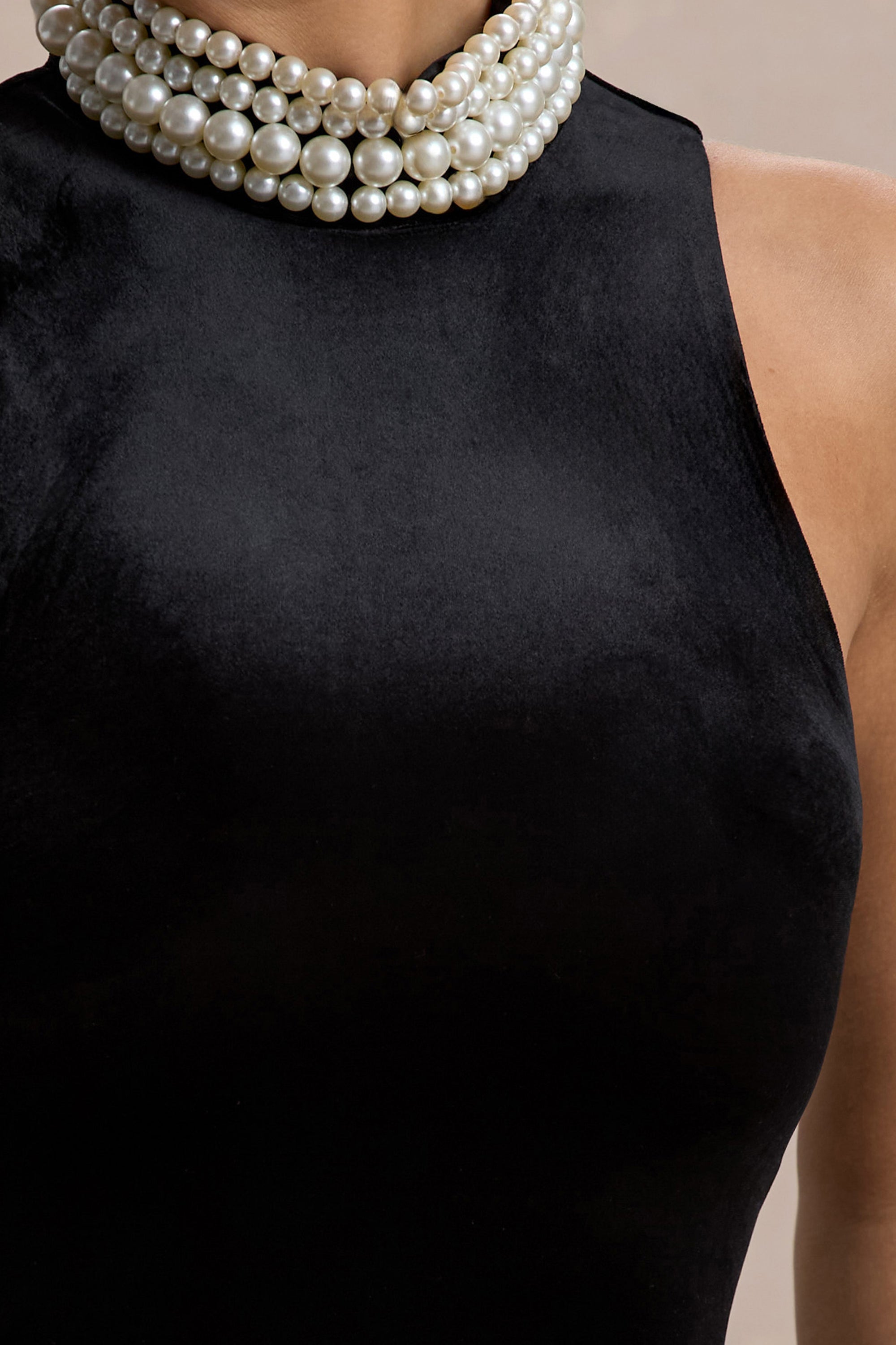 black dress with pearls on neckline Adrianna Papell Stretch Chiffon Blousson Halter Cocktail Pearl Bead Necklace Detail 14 at Amazon Women's Clothing store this sleeveless midi dress features a graceful scoop neckline adorned with delicate pearl embroidery Audrine | Black Velvet Embellished
