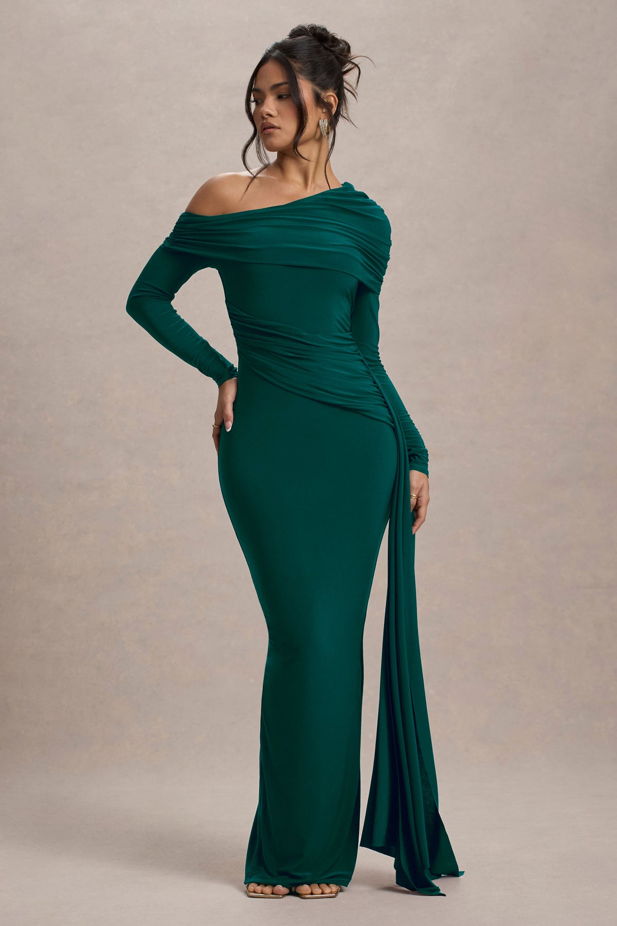 Valina Green Ruched Asymmetric Maxi Dress With Drape Club L London - USA Valina Green Ruched Asymmetric Maxi Dress With Drape Club L London - USA