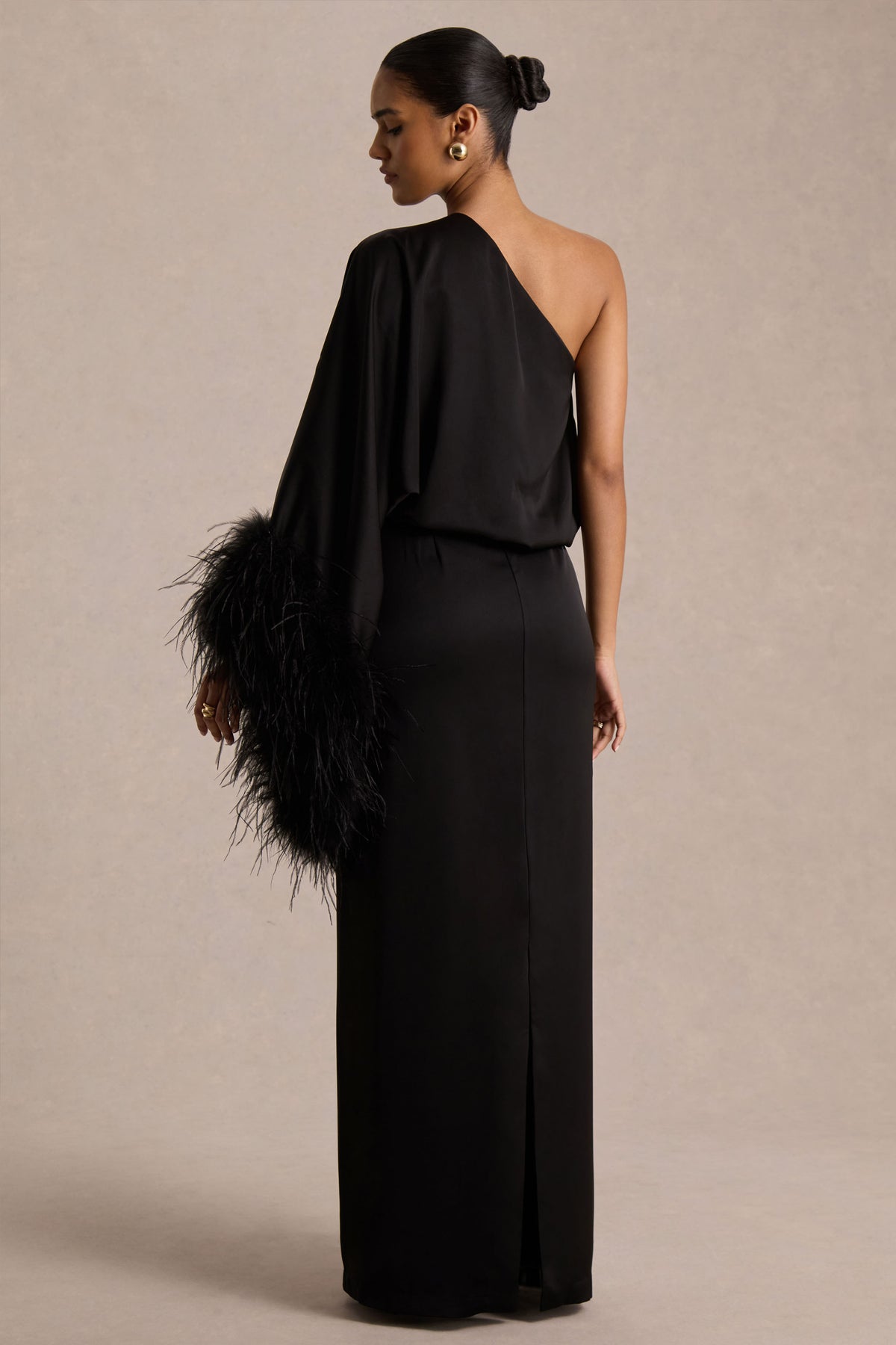 Felicity | Black Satin Asymmetric-Neck Maxi Dress With Feather Detailing - UK 10 Black Felicity | Black Satin Asymmetric-Neck Maxi Dress With Feather Detailing - UK 10 Black