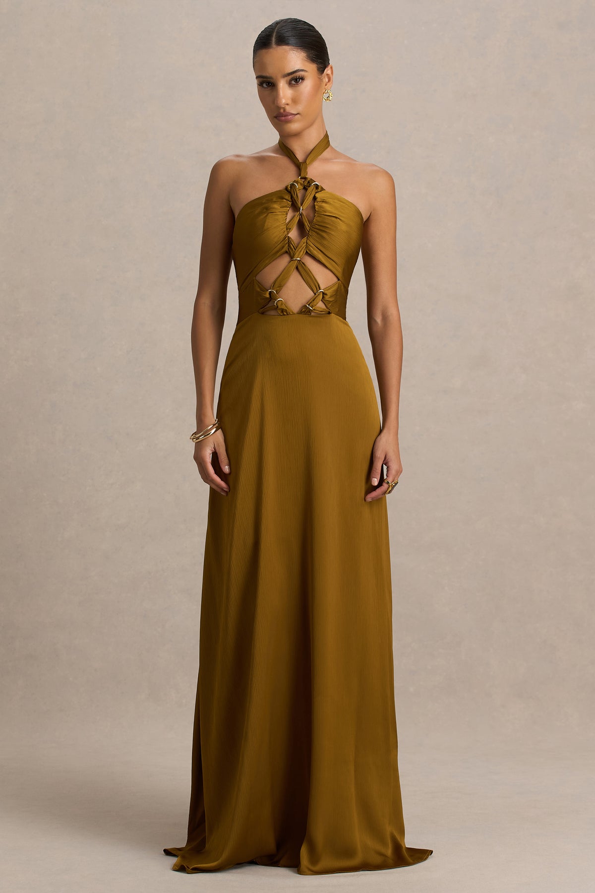 Aleera Olive Chiffon Halter-Neck Maxi Dress With Cut-Out Detail Club L London - USA Aleera Olive Chiffon Halter-Neck Maxi Dress With Cut-Out Detail Club L London - USA