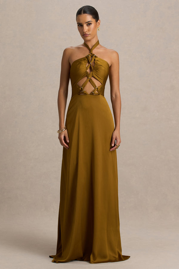 Aleera Olive Chiffon Halter-Neck Maxi Dress With Cut-Out Detail – Club L  London