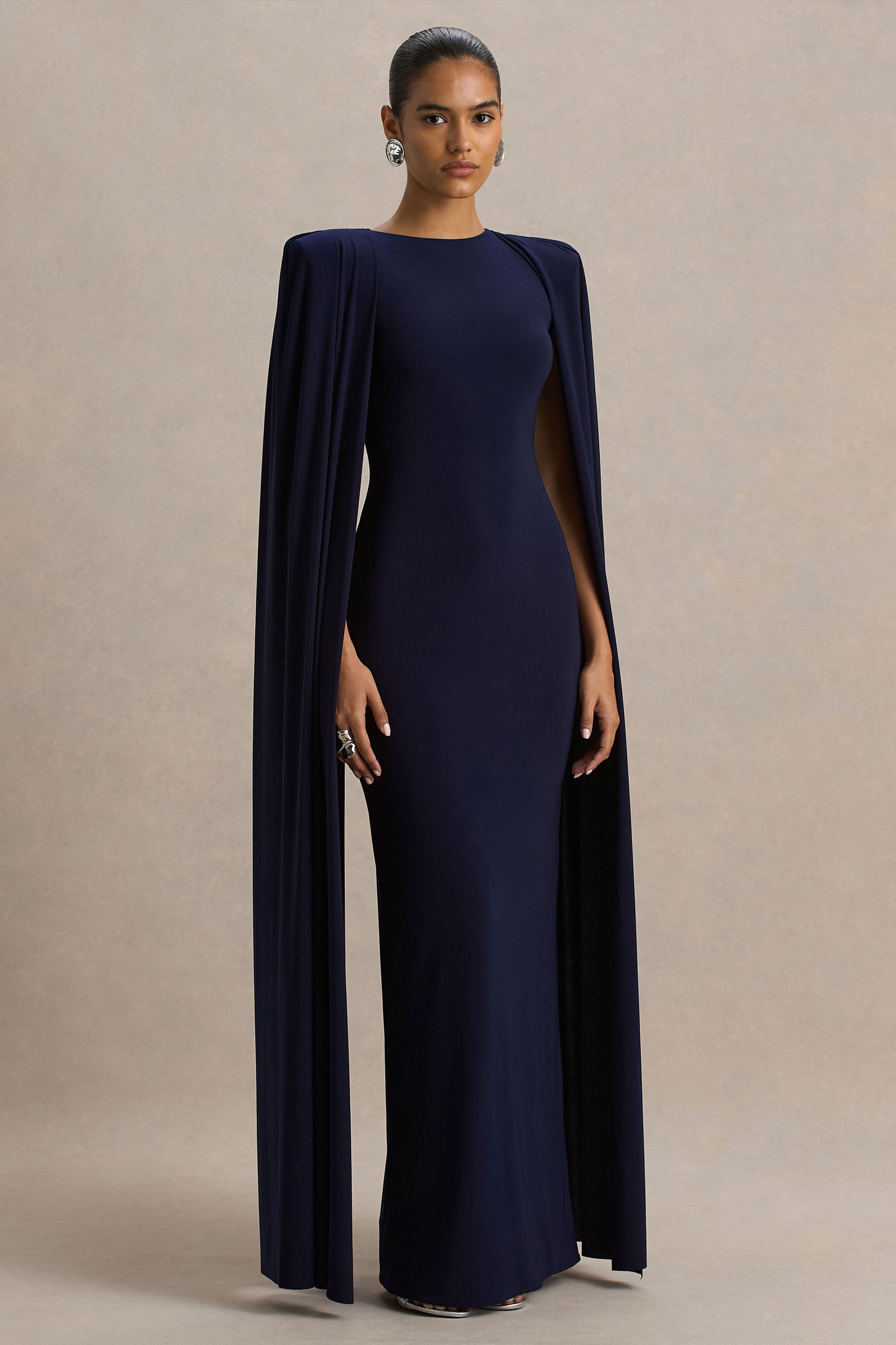 Mimi | NAVY High-Neck Maxi Dress With Cape Sleeve Detail