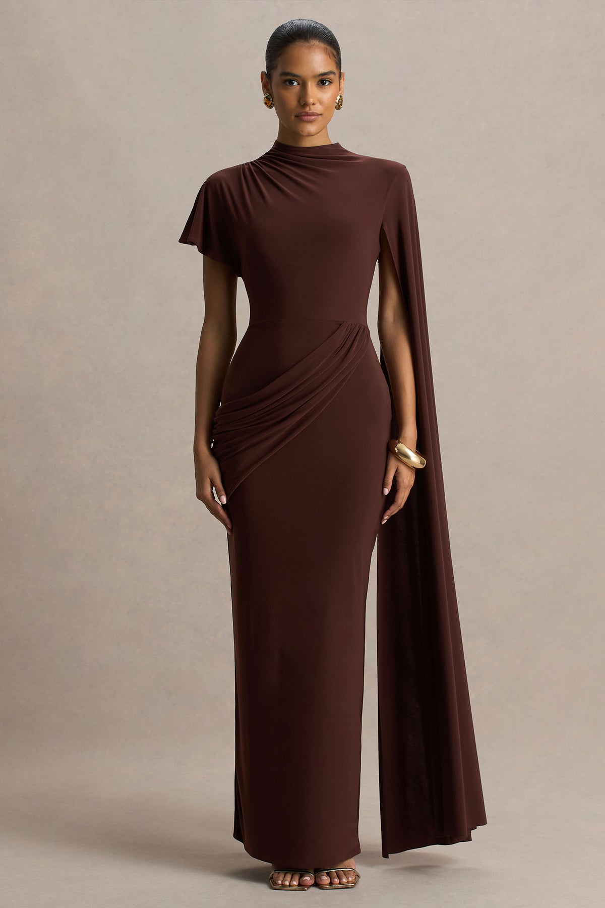 Tropic | Brown High-Neck Maxi With Long Cape Sleeve - UK 8 CHOCOLATE DRIZZLE Tropic | Brown High-Neck Maxi With Long Cape Sleeve - UK 8 CHOCOLATE DRIZZLE