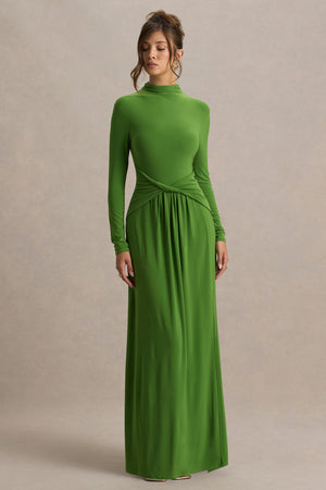 ladies long green dress Hourglass | Long-Sleeve Twisted Maxi With Split A dark green satin Size:15 - M Bella Bridal Gown – Feature:Not Applicable