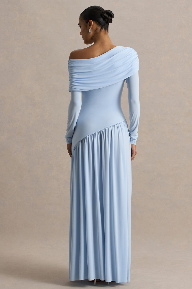 Farah Powder Blue Asymmetric-Neck Maxi Dress With Drop Waist And Ruc