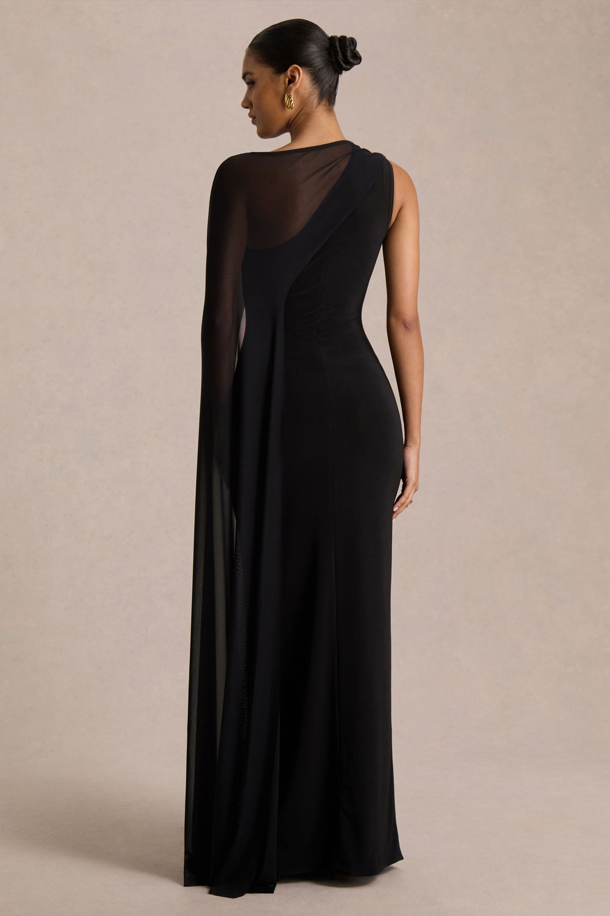 Mirelle Black Asymmetric-Neck Maxi Dress With Sheer Cape-Sleeve Club L London - USA Mirelle Black Asymmetric-Neck Maxi Dress With Sheer Cape-Sleeve Club L London - USA