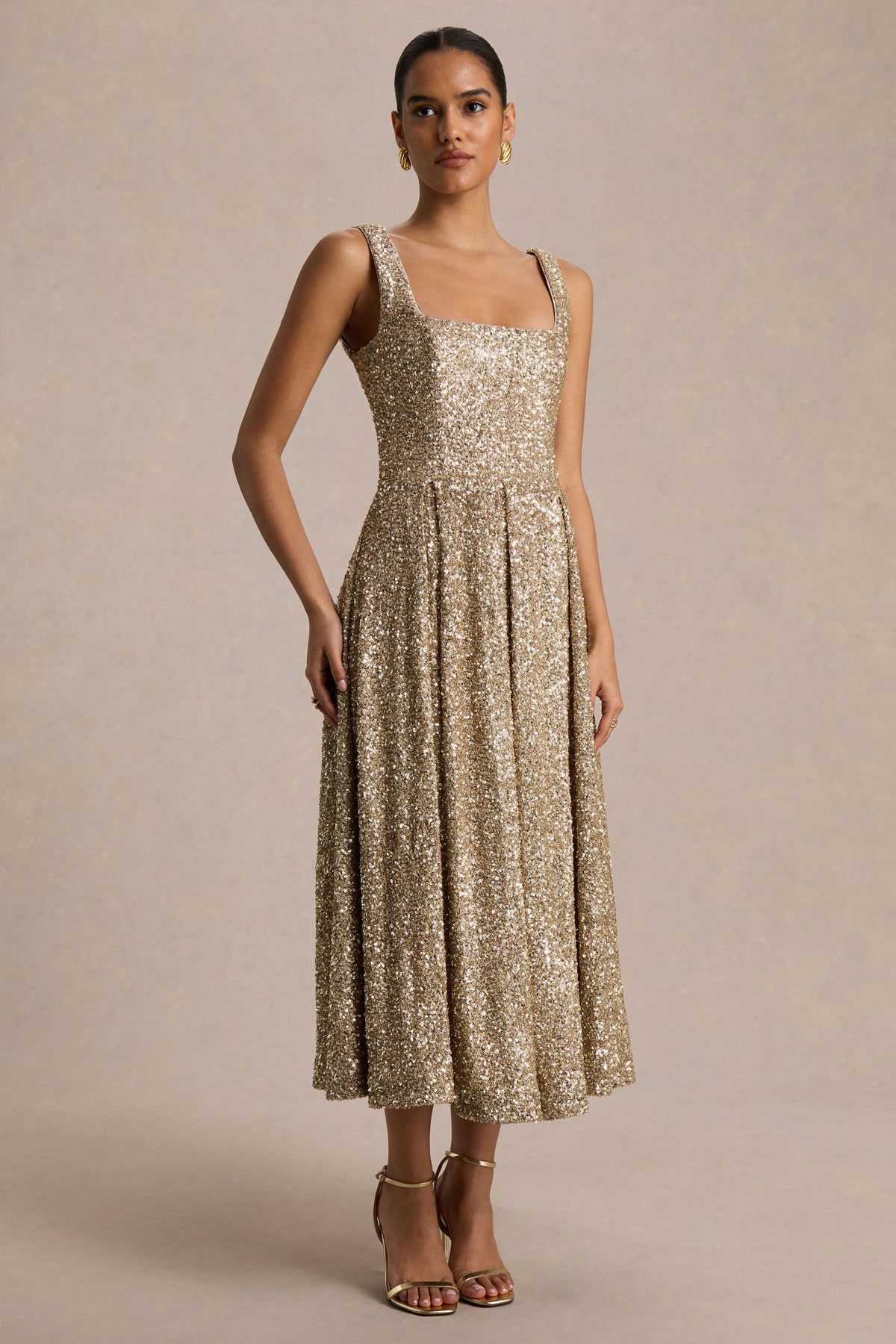 Lima | Champagne Sequin Square-Neck A-Line Midi Dress
