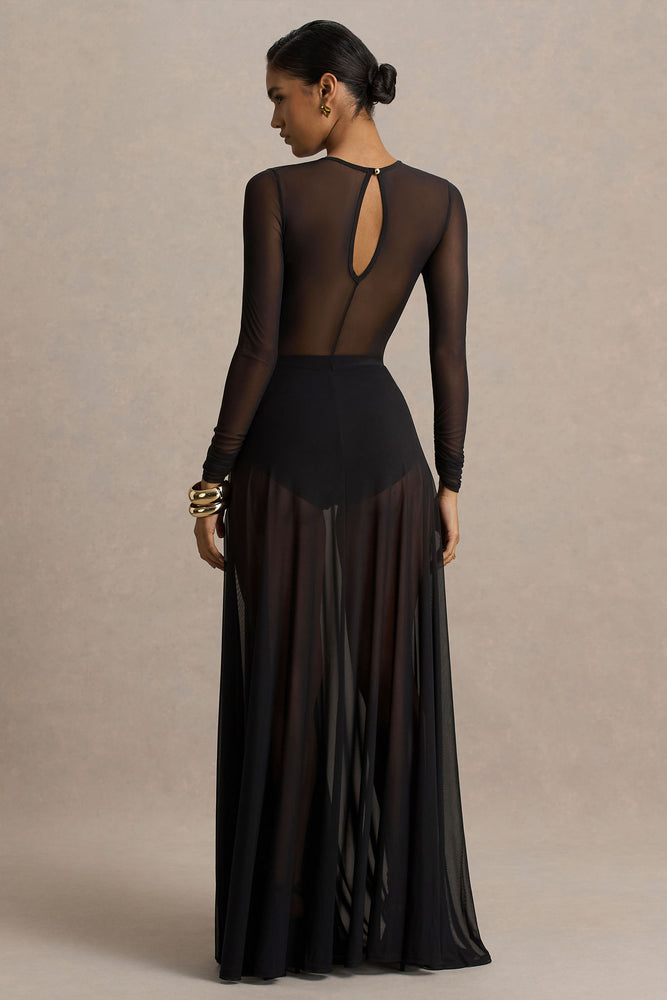 mesh arm sleeves dress Koami Black Mesh Long-Sleeve Ruched Maxi Dress With High Split – Club L  London