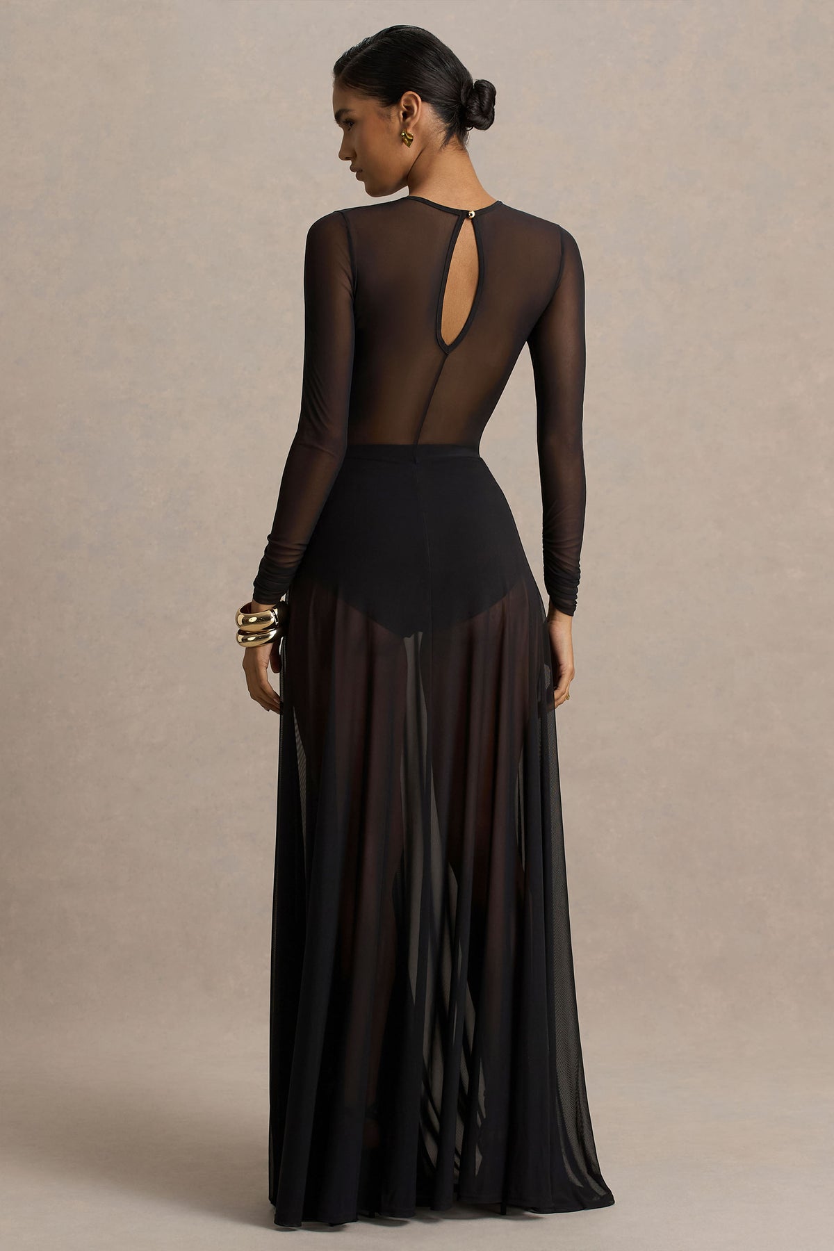 Koami | Black Long-Sleeve Ruched Maxi Dress With High Split