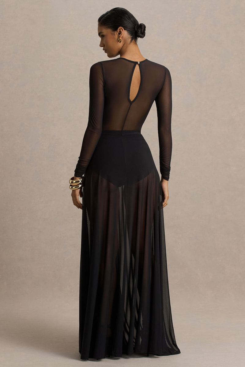 Koami Black Mesh Long-Sleeve Ruched Maxi Dress With High Split Club L London - USA Koami Black Mesh Long-Sleeve Ruched Maxi Dress With High Split Club L London - USA