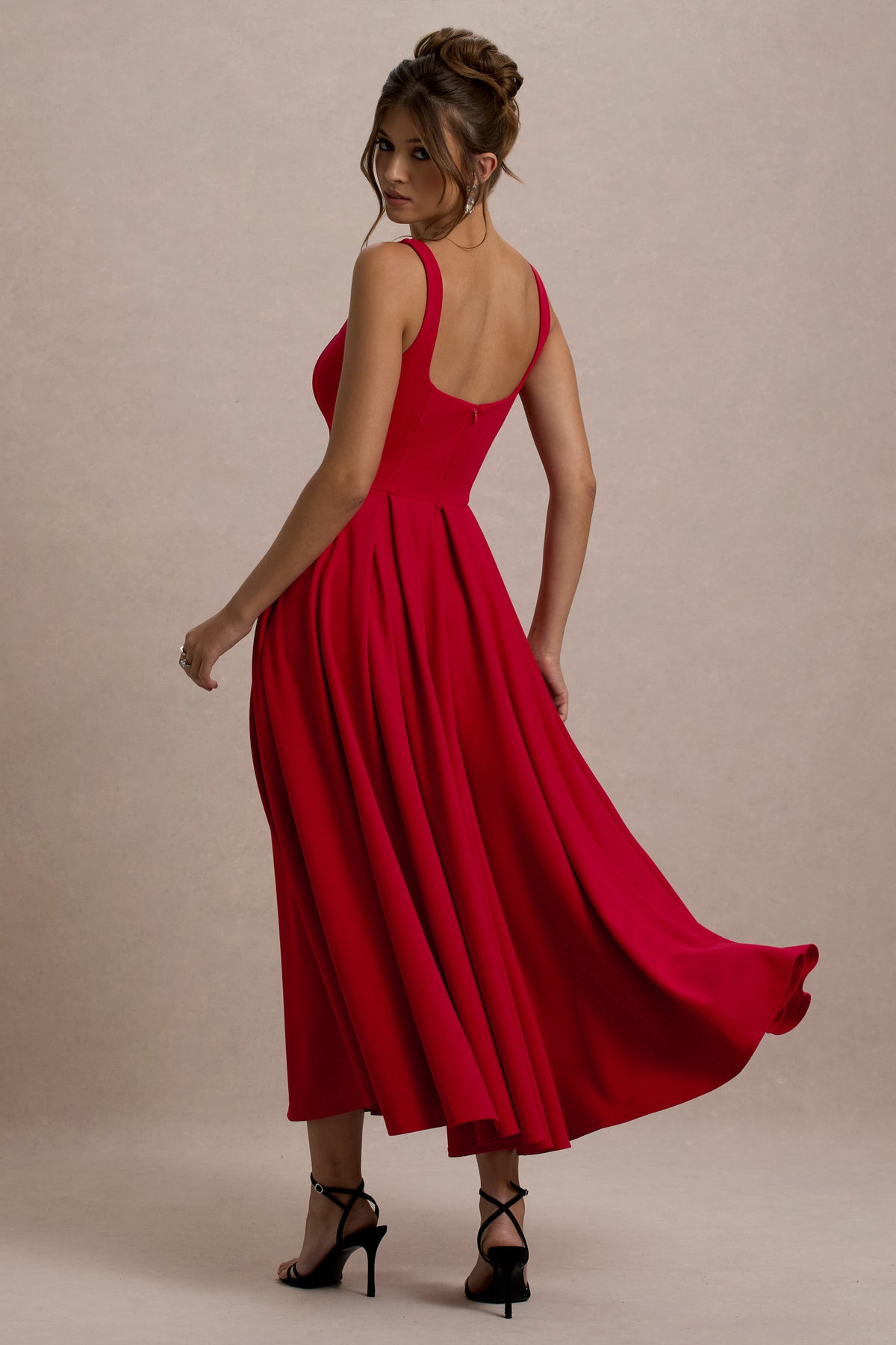 Parina Red Strappy Volume-Hem Midi Dress Club L London - USA Parina Red Strappy Volume-Hem Midi Dress Club L London - USA