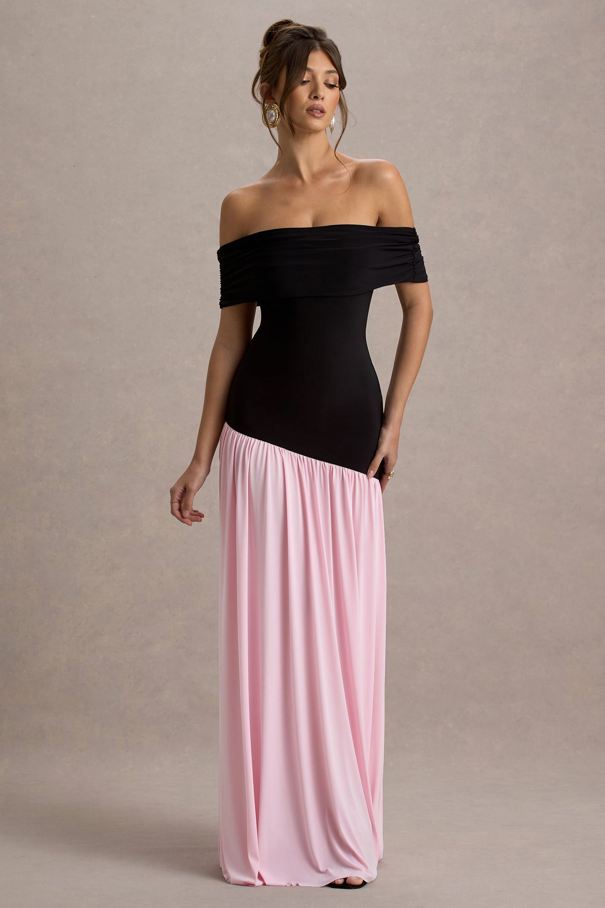 Venezia Black & Pink Bardot Maxi Dress With Drop-Waist – Club L London Venezia Black & Pink Bardot Maxi Dress With Drop-Waist – Club L London