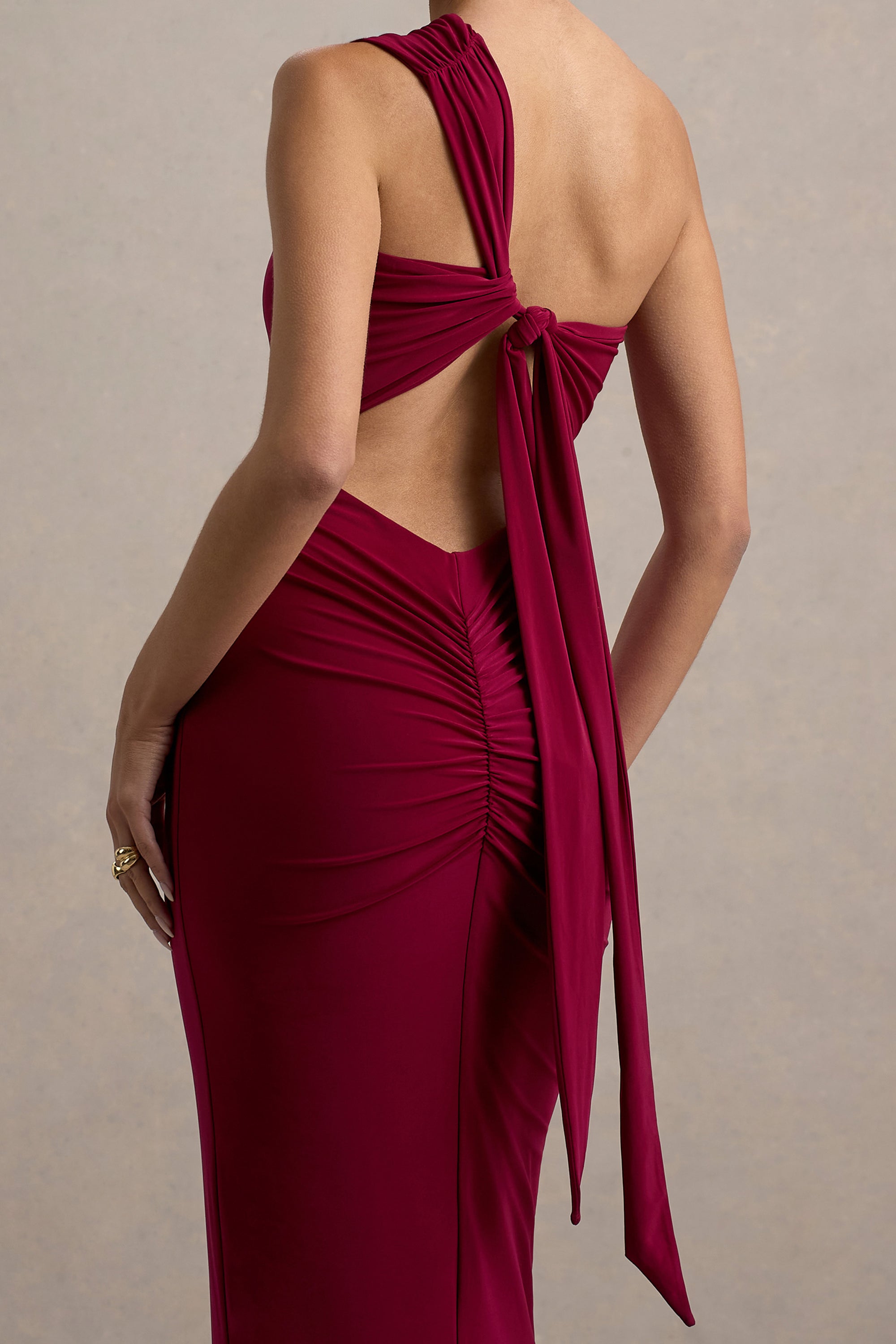 Venetia | Burgundy One-Shoulder Tie-Back Maxi Dress – Club L London