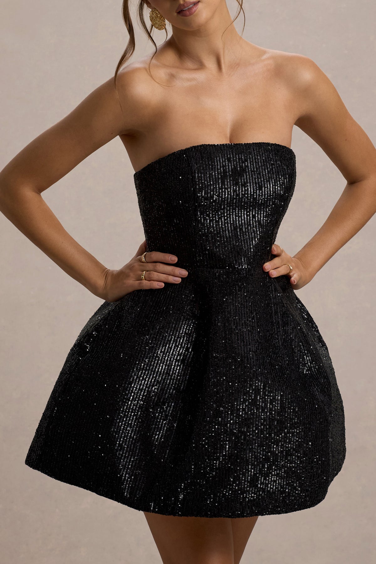 Clarabell Black Sequin Bandeau Structured Mini Dress Club L London - USA Clarabell Black Sequin Bandeau Structured Mini Dress Club L London - USA