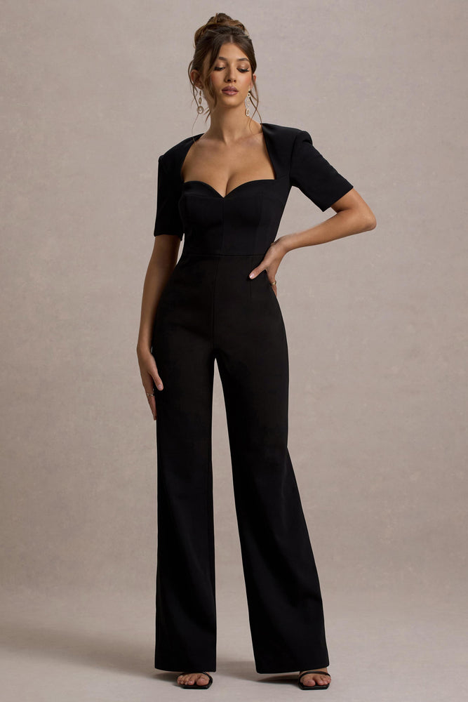 Simone Black Sweetheart Short-Sleeve Wide-Leg Jumpsuit – Club L