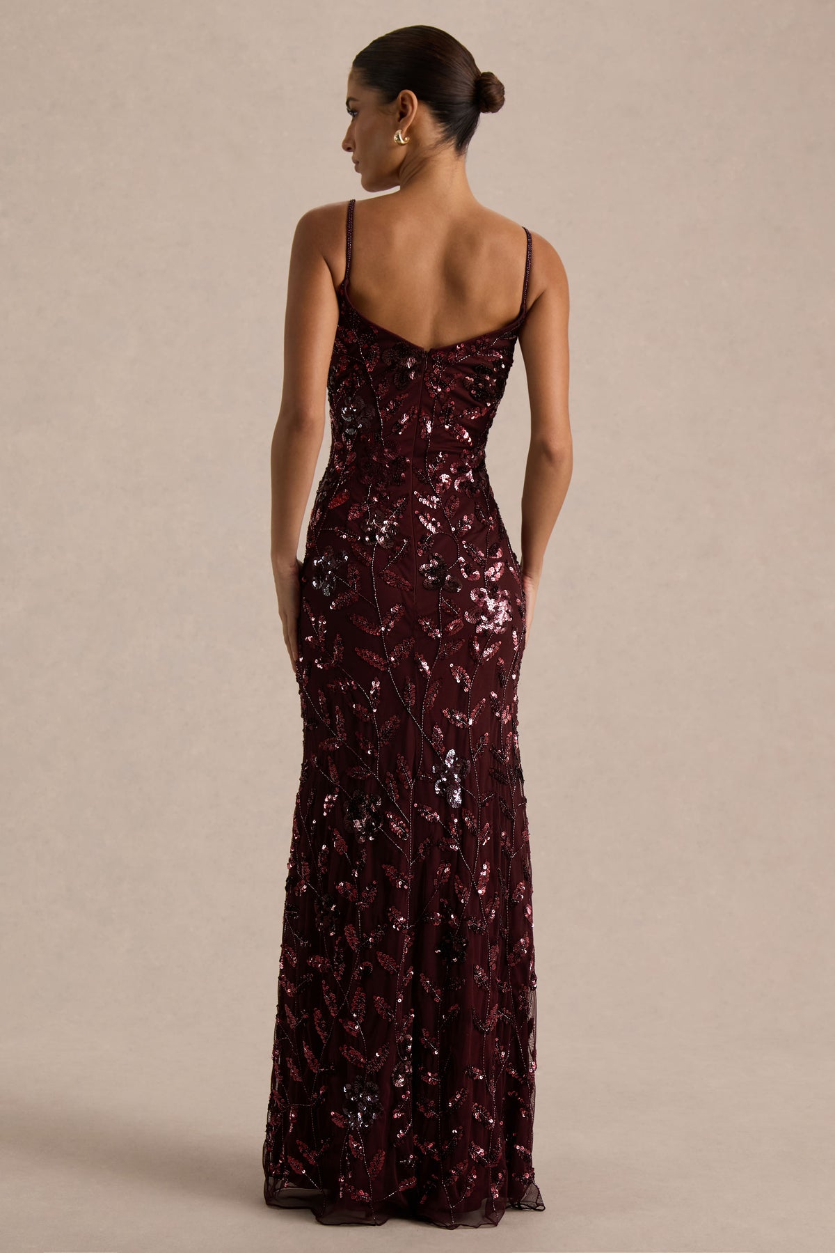 Gemini | Burgundy Floral Sequin Embellished Strappy Maxi Dress - UK 8 Burgundy Gemini | Burgundy Floral Sequin Embellished Strappy Maxi Dress - UK 8 Burgundy