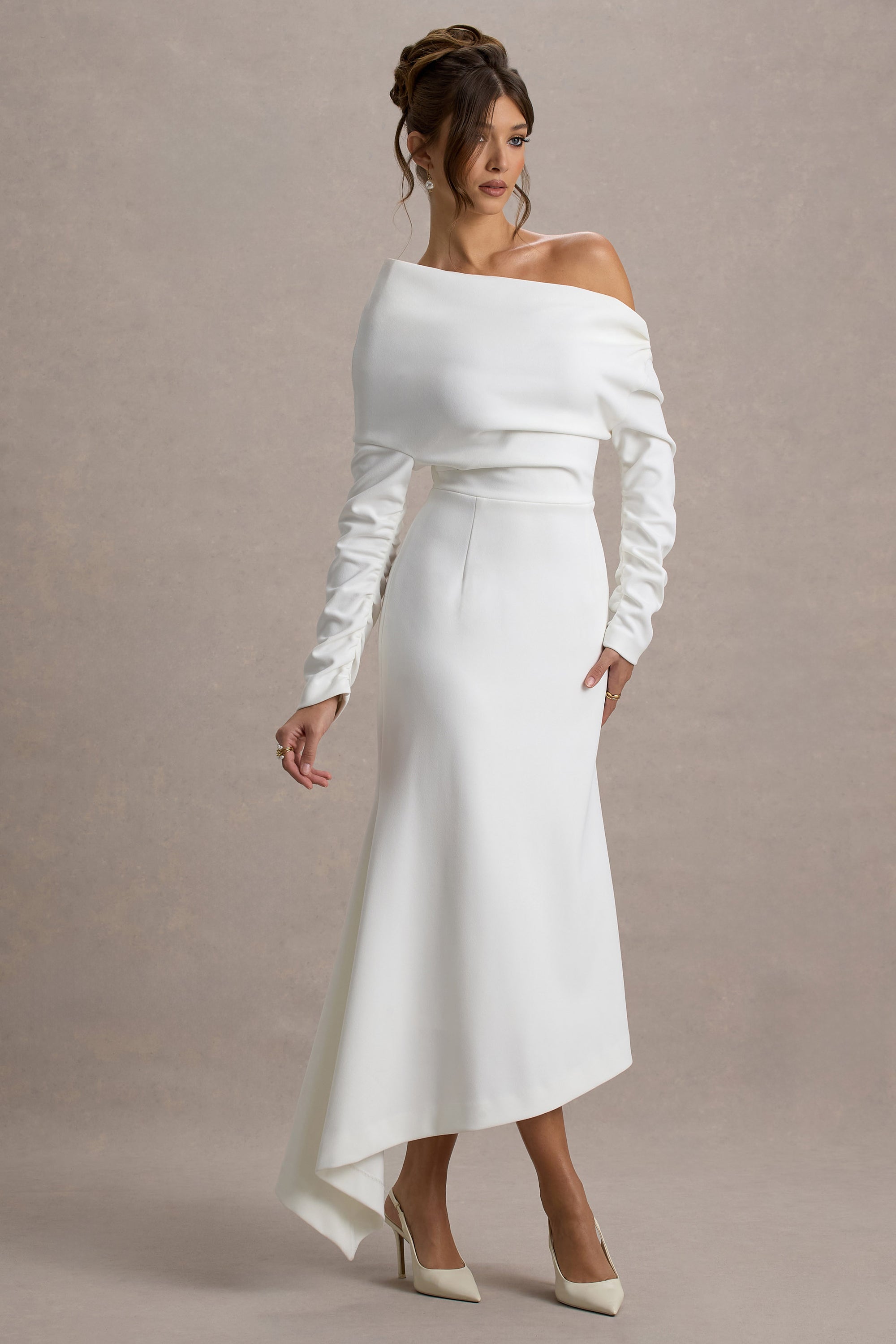 cold shoulder maxi dress white The Mode Sheer Knit Off The Shoulder Maxi Dress in White