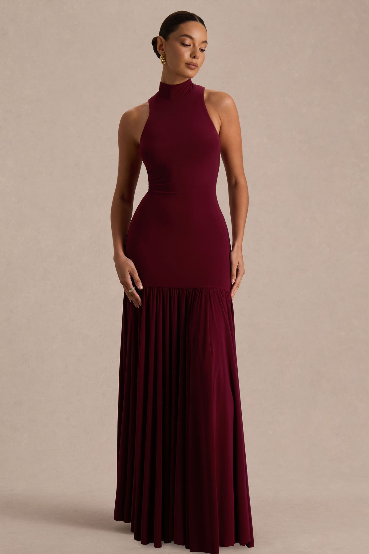 Tasmin | Burgundy High-Neck Maxi Dress With Drop-Waist - UK 14 Burgundy Tasmin | Burgundy High-Neck Maxi Dress With Drop-Waist - UK 14 Burgundy