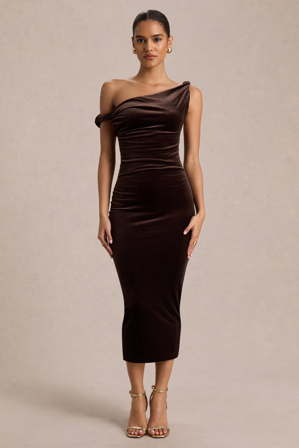 brown velvet midi dress ASOS DESIGN crew neck short sleeve velvet midi dress in chocolate
