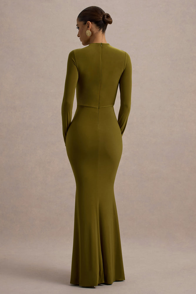 olive green long sleeve dress Reid | Green Long-Sleeve Gathered Maxi Dress