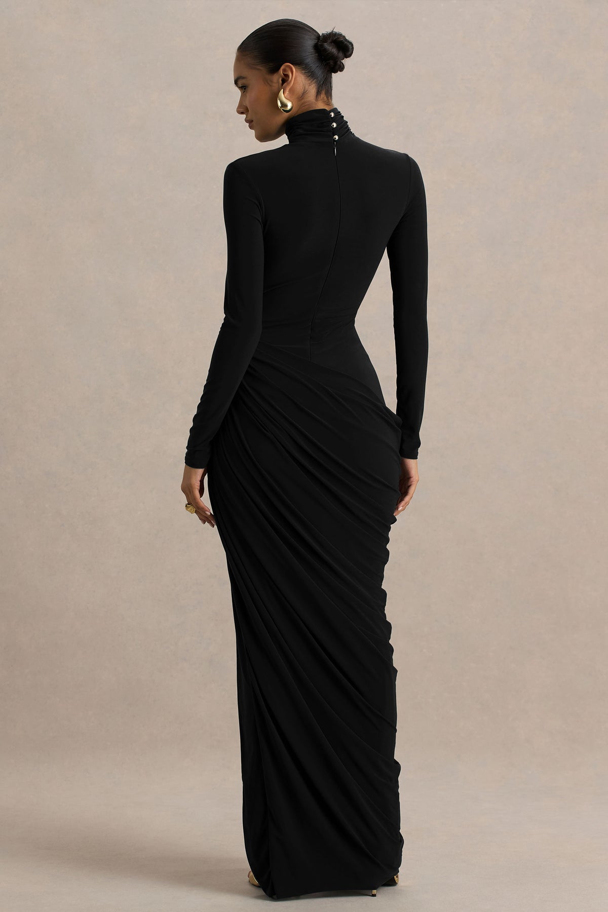 Betsy Black High-Neck Maxi Dress With Front Split And Ruched Detaili